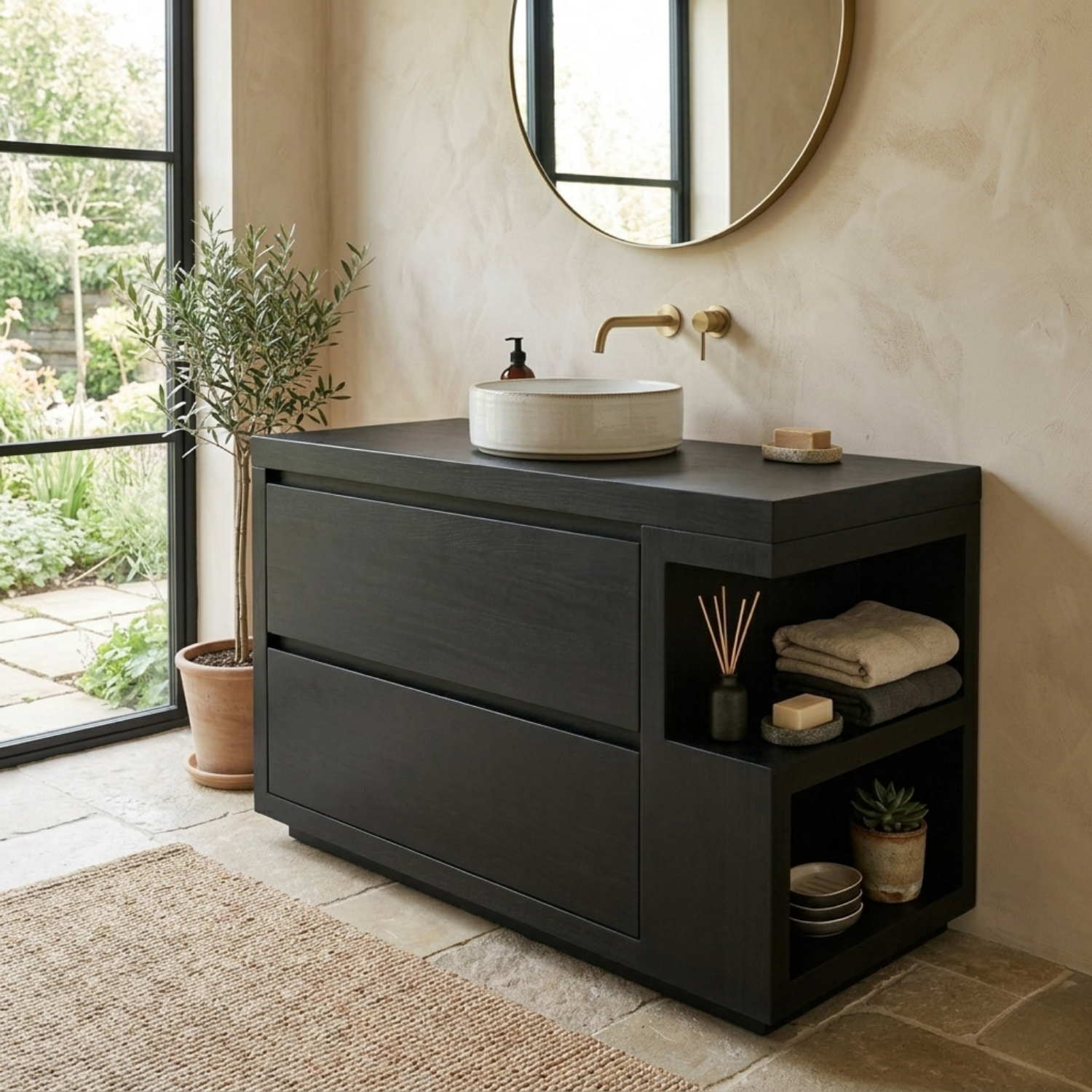 Solid Wood Bathroom Vanity with Two Drawers and Side Open Shelves