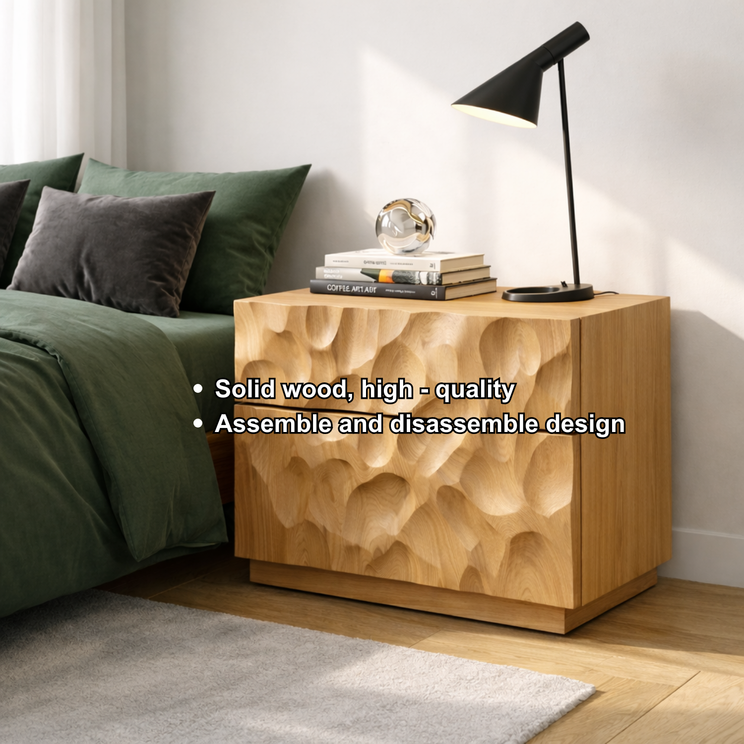Solid Wood Nightstand with Hand-Carved Drawer Front – Modern Sculptural Bedside Table