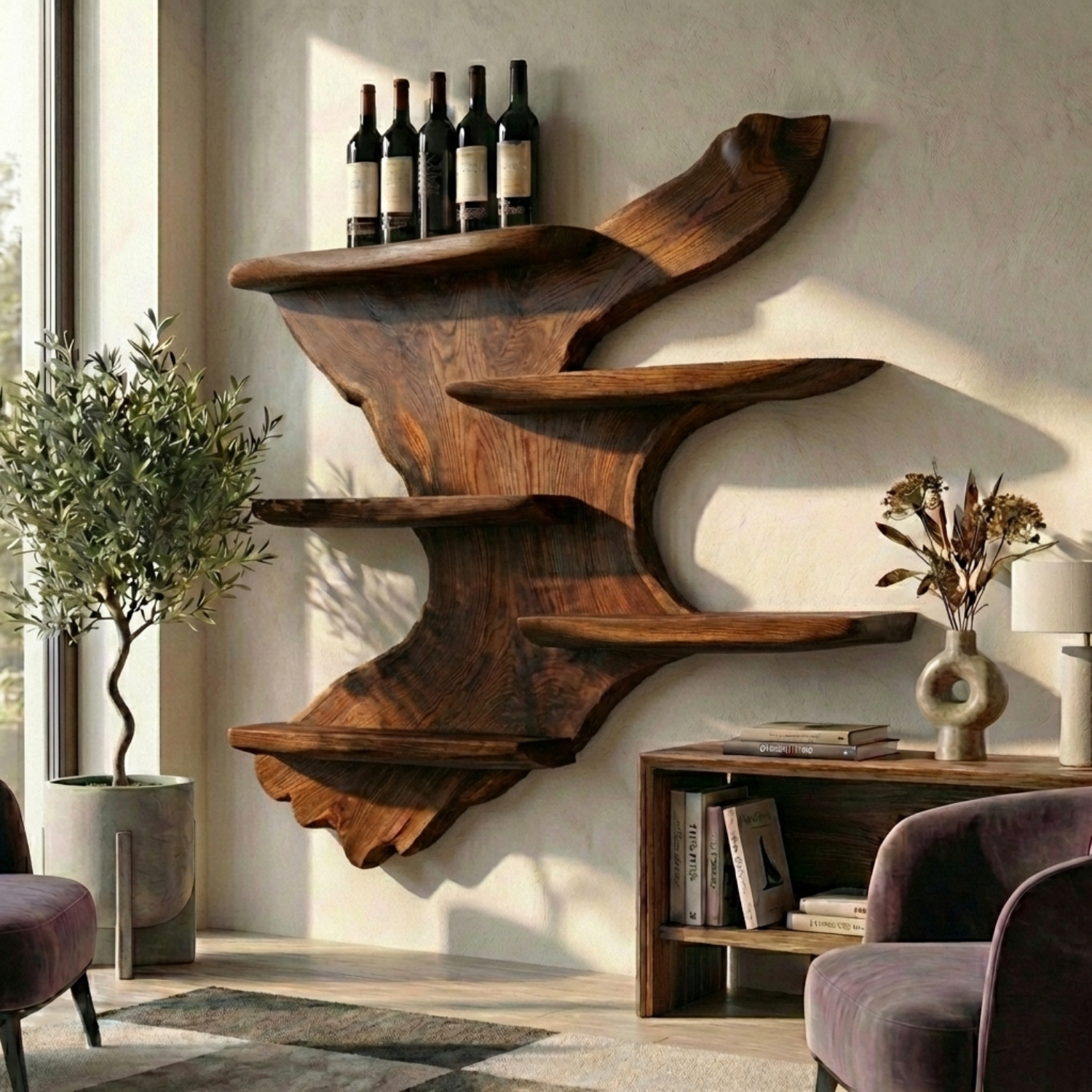 Handcrafted Solid Wood Wall Wine Holder – Sculptural Floating Wine Rack