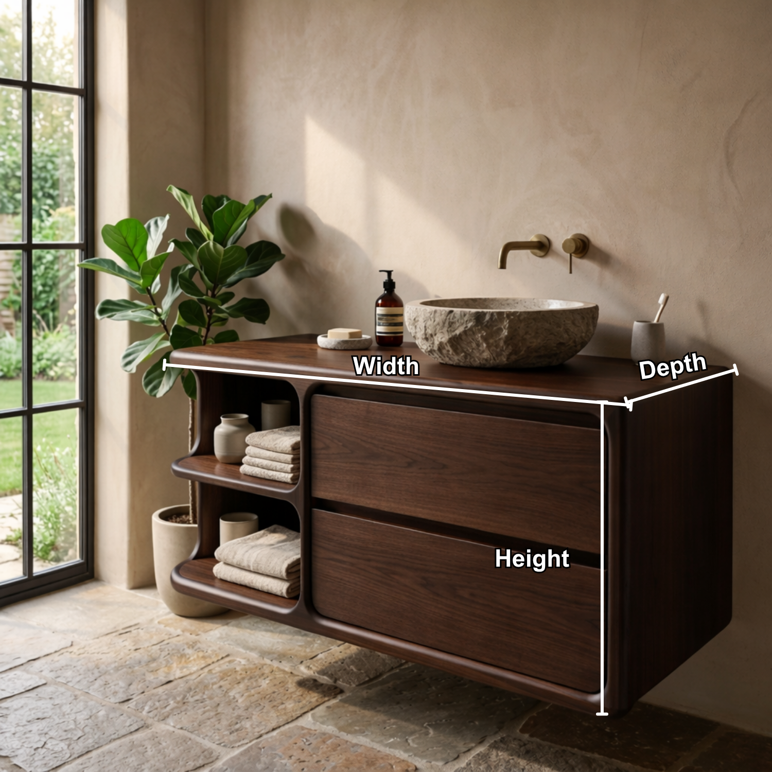 Floating Solid Wood Bathroom Vanity with Curved Frame, Two Drawers and Sculpted Open Shelves