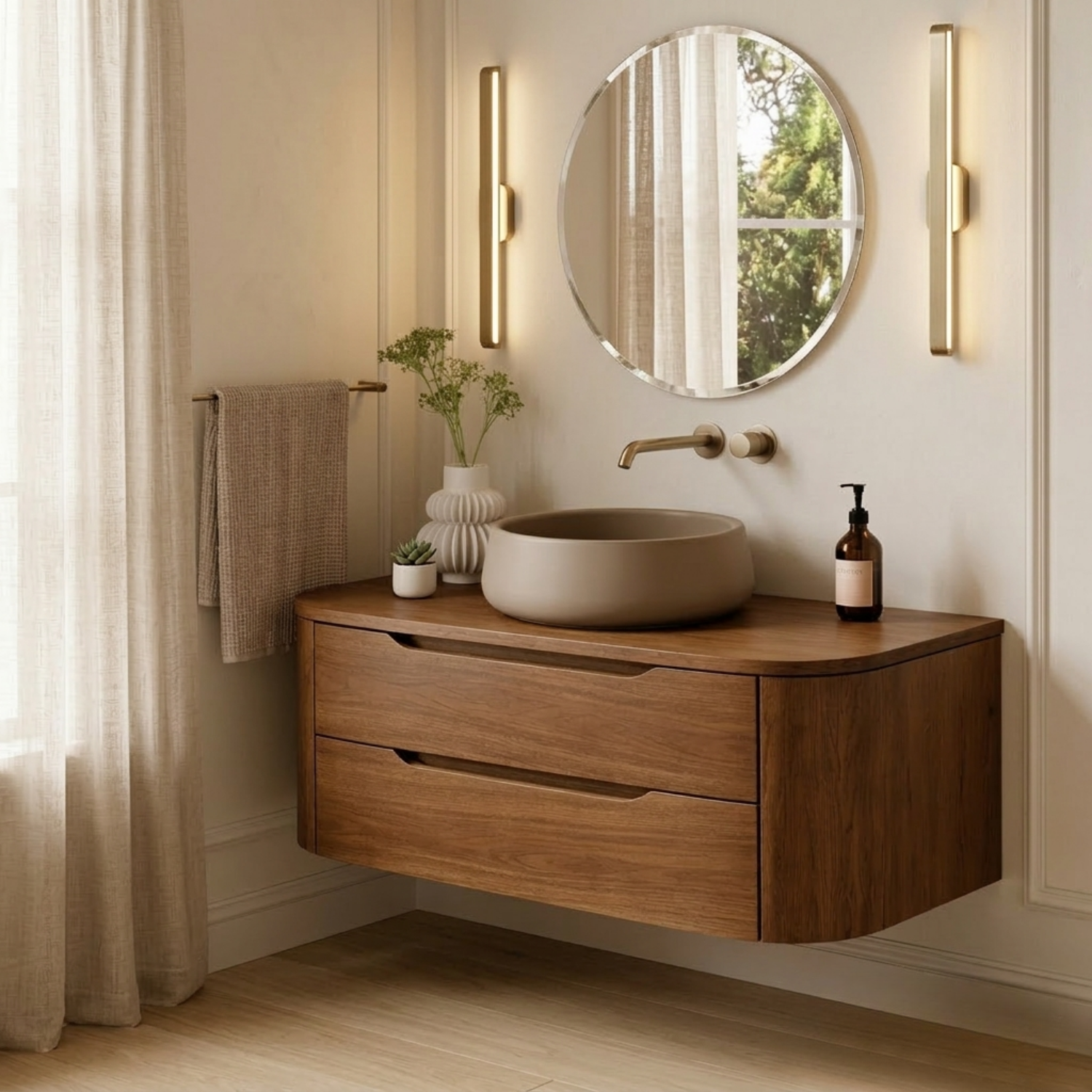Modern Floating Bathroom Vanity with Curved Edges – Handcrafted Solid Wood