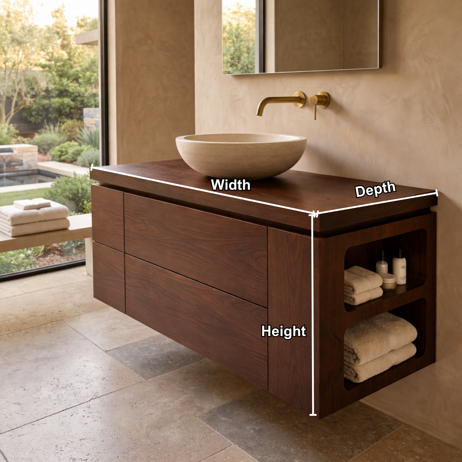 Floating Solid Wood Bathroom Vanity with Double Drawers and Integrated Side Open Shelves