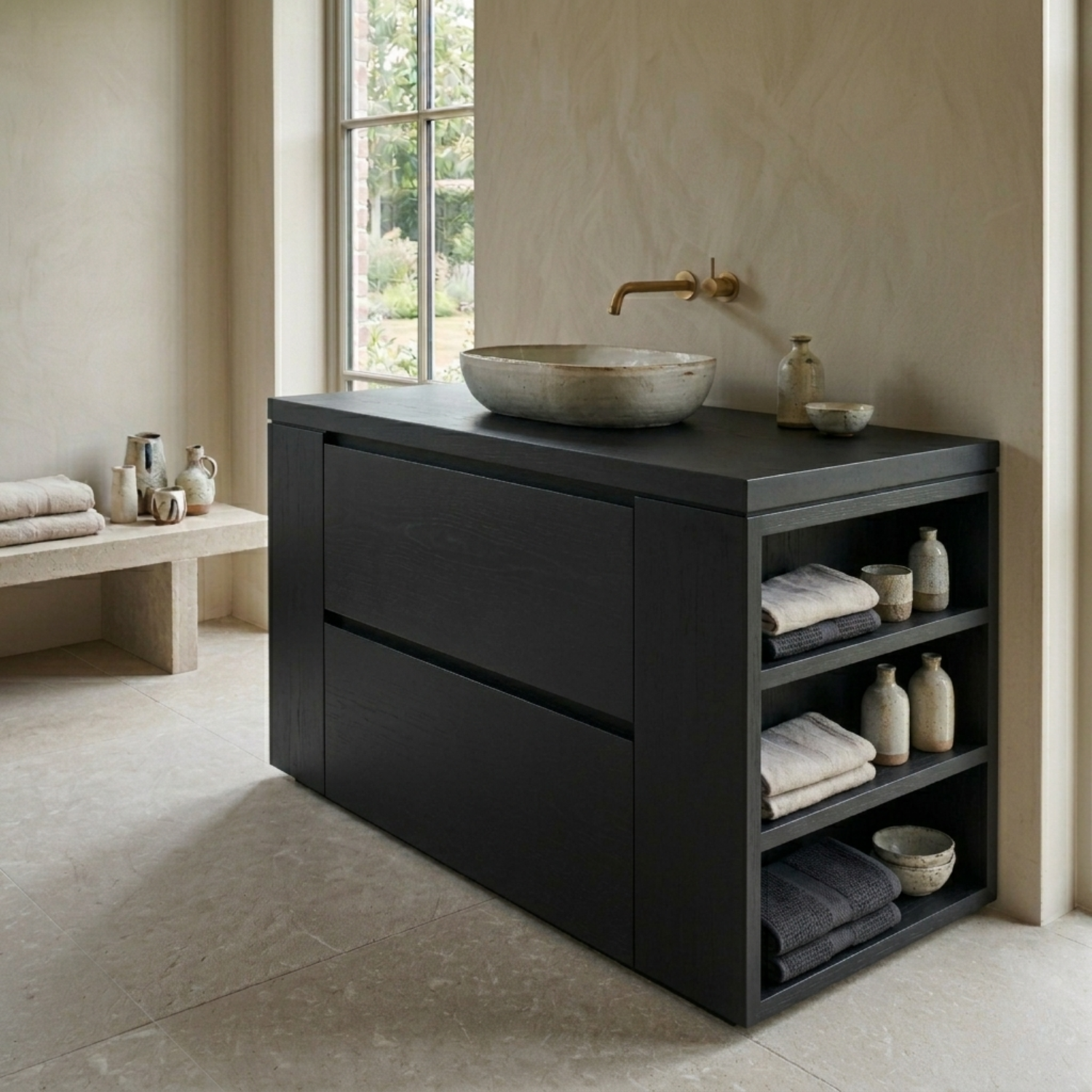 Solid Wood Bathroom Vanity with Double Drawers and Side Open Storage Shelves