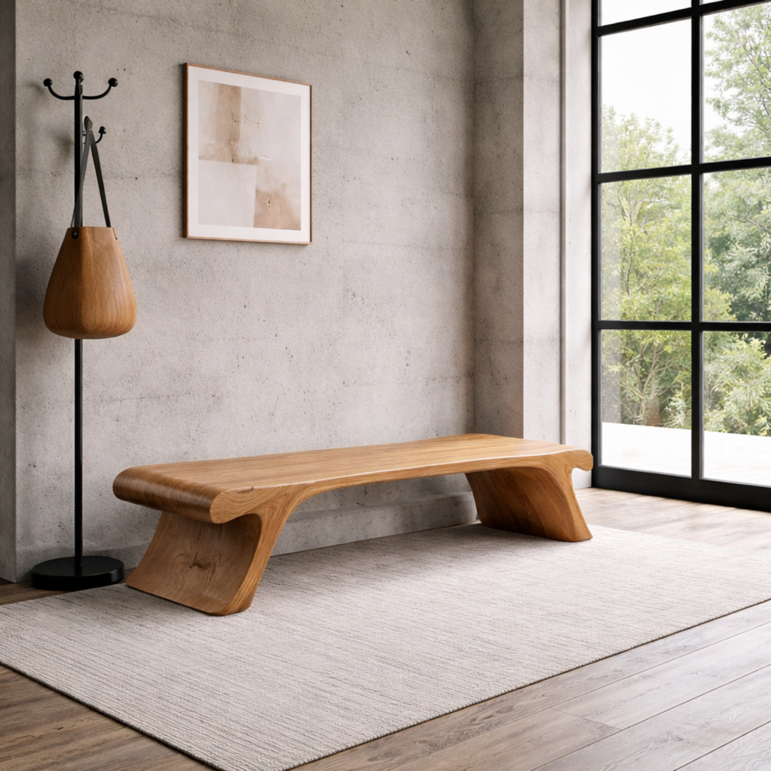 Solid Wood Entryway Bench Low Profile Sculptural Design Modern Minimalist Seating