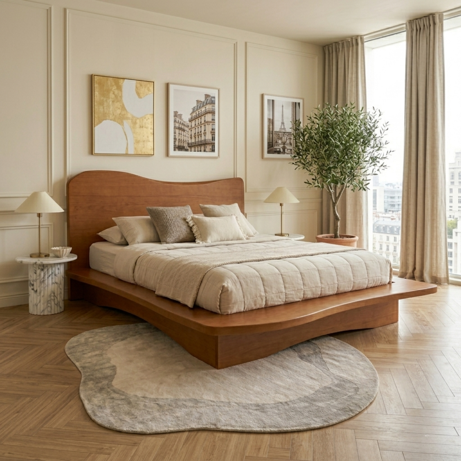 Solid Wood Platform Bed Frame with Sculpted Wave Headboard and Floating Base