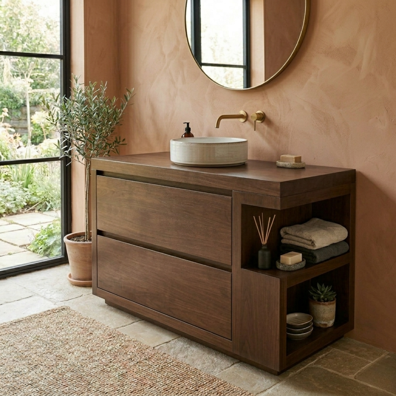 Solid Wood Bathroom Vanity with Two Drawers and Side Open Shelves