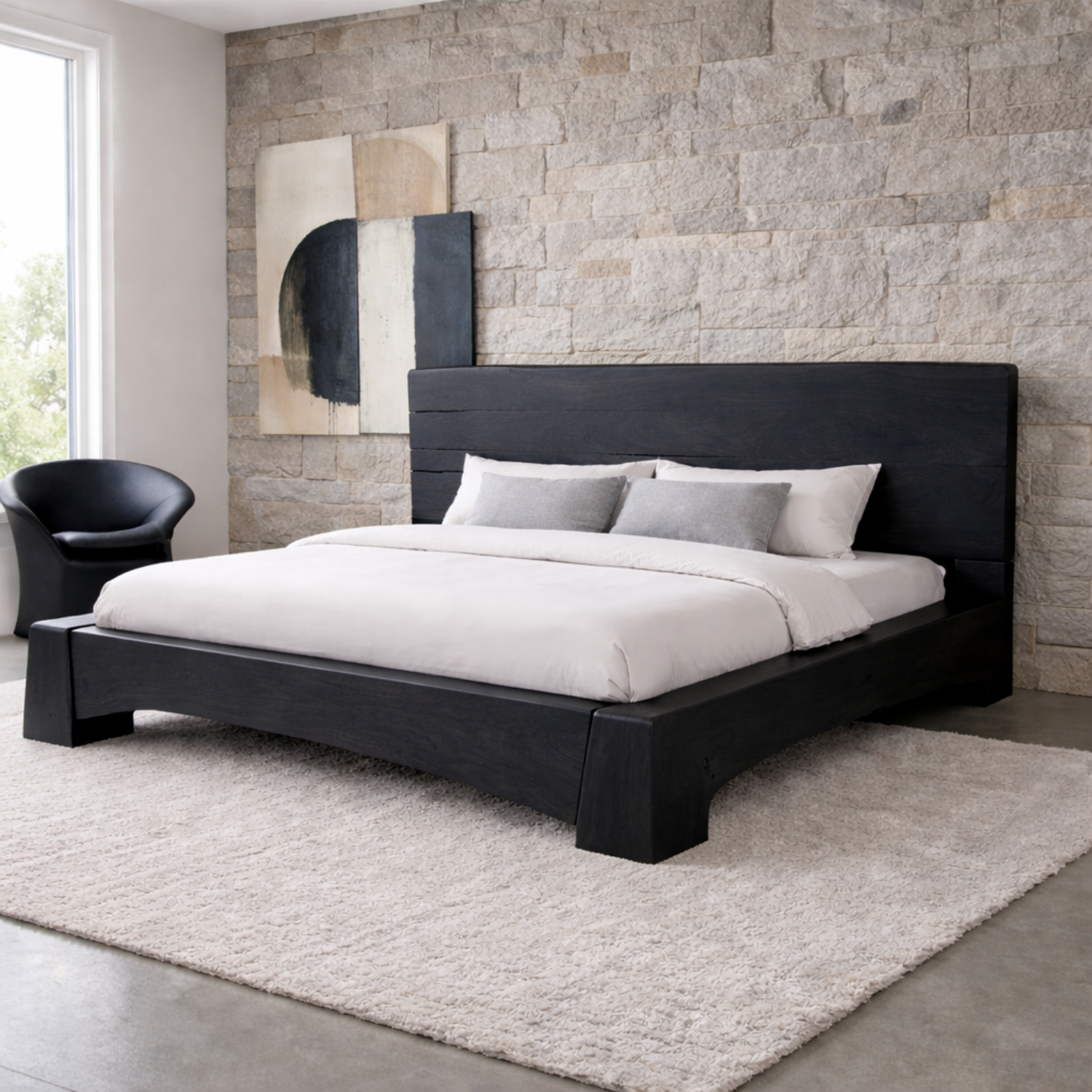 Solid Wood Platform Bed Frame with Wide Panel Headboard and Sculpted Base