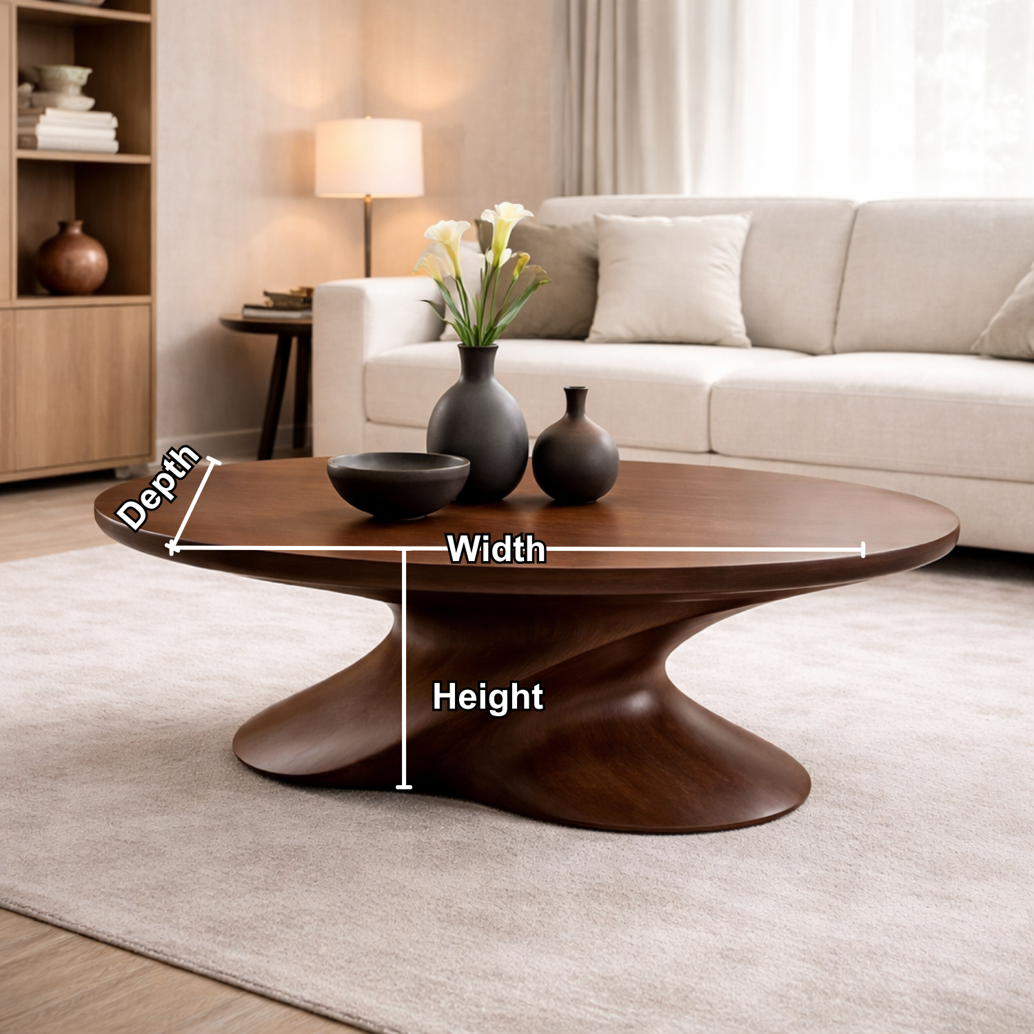 Modern Solid Wood Coffee Table with Sculptural Base – Contemporary Round Coffee Table