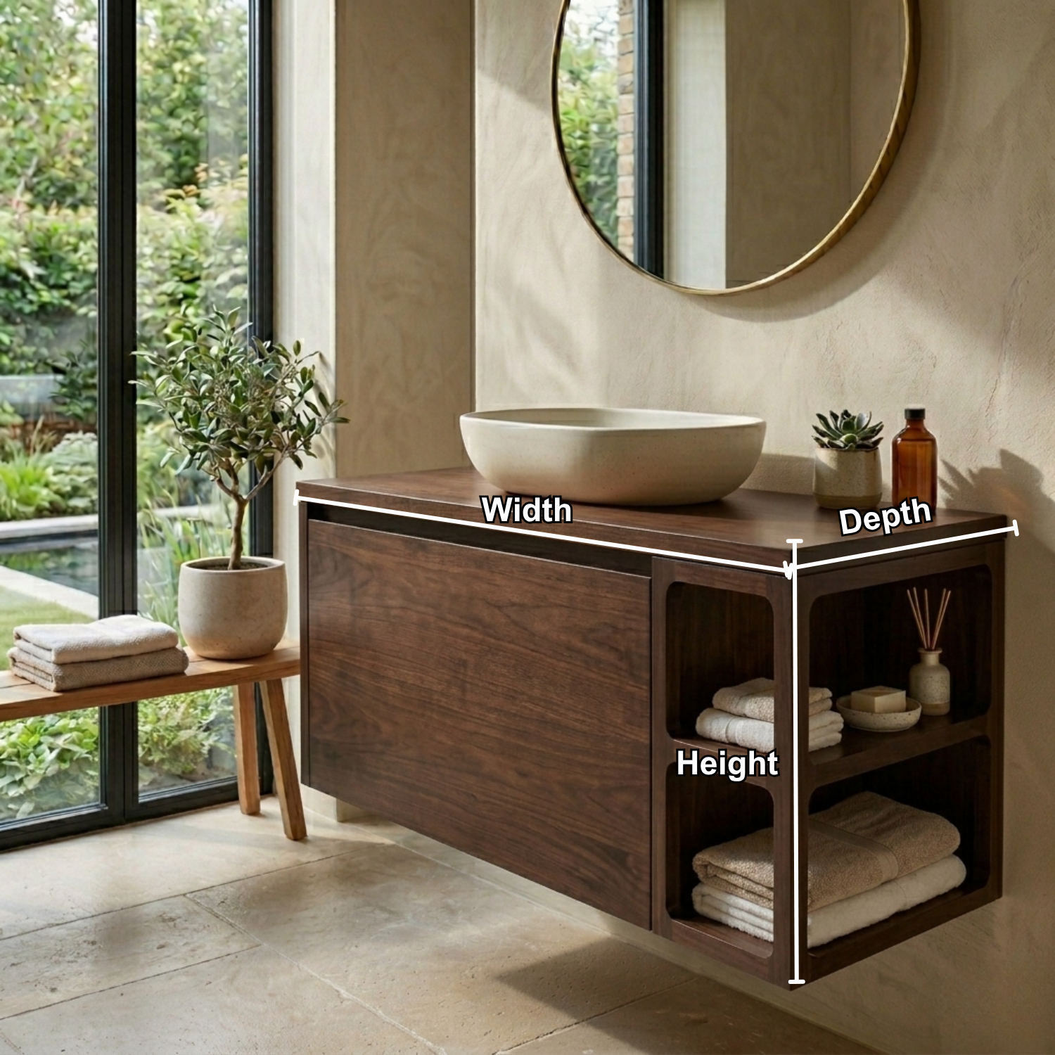 Floating Solid Wood Bathroom Vanity with Cabinet Storage and Sculpted Side Shelves