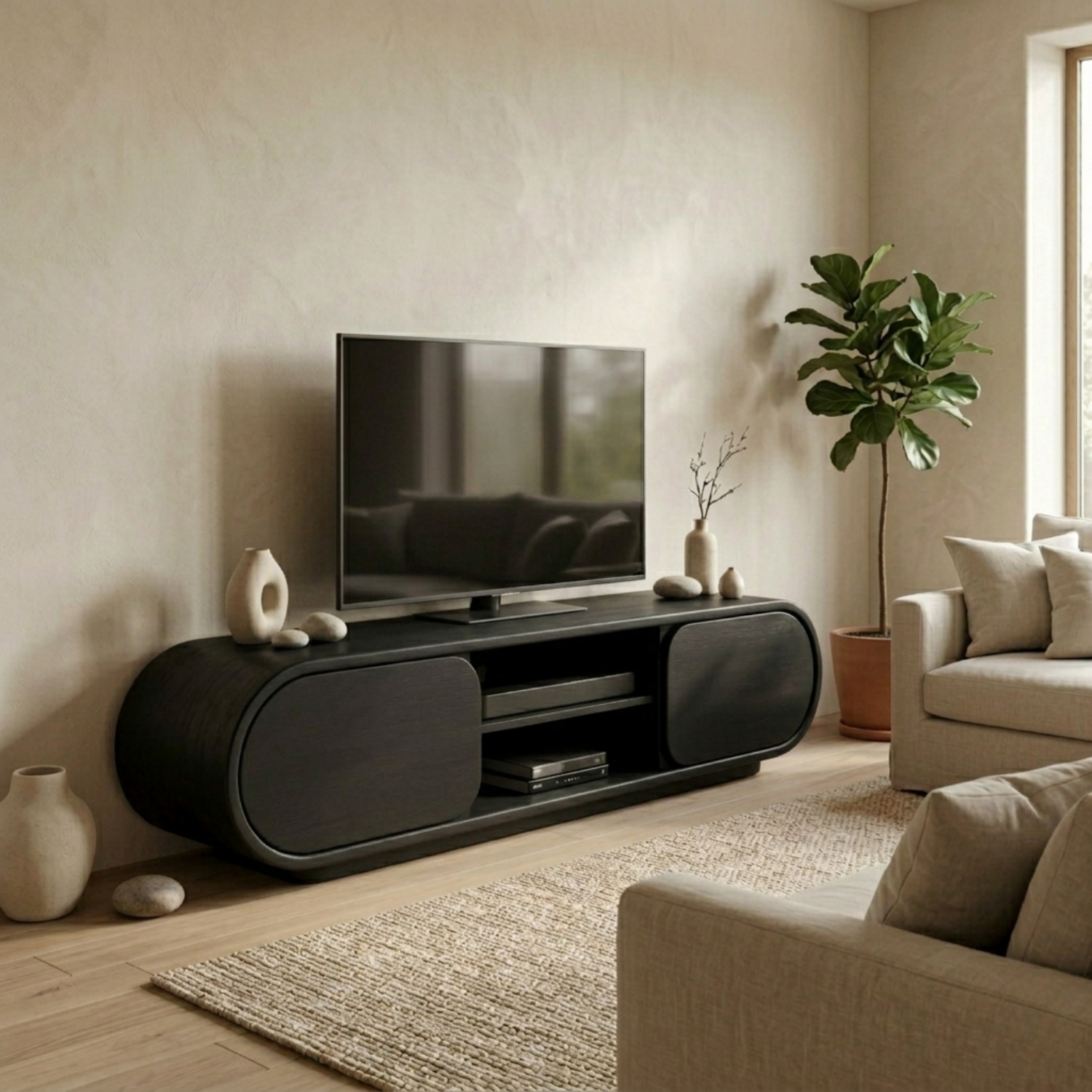 Solid Wood TV Stand with Curved Cabinet Doors and Open Shelf – Modern Media Console