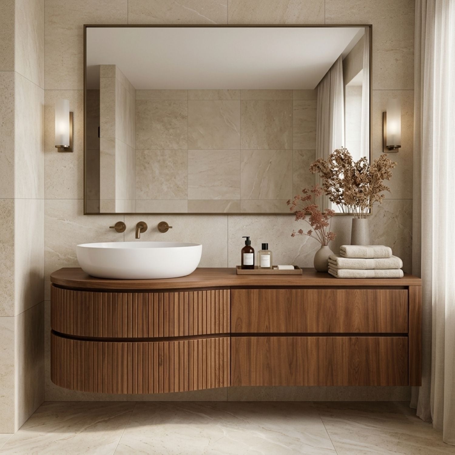Curved Floating Bathroom Vanity with Fluted Wood Panels and Drawer Storage
