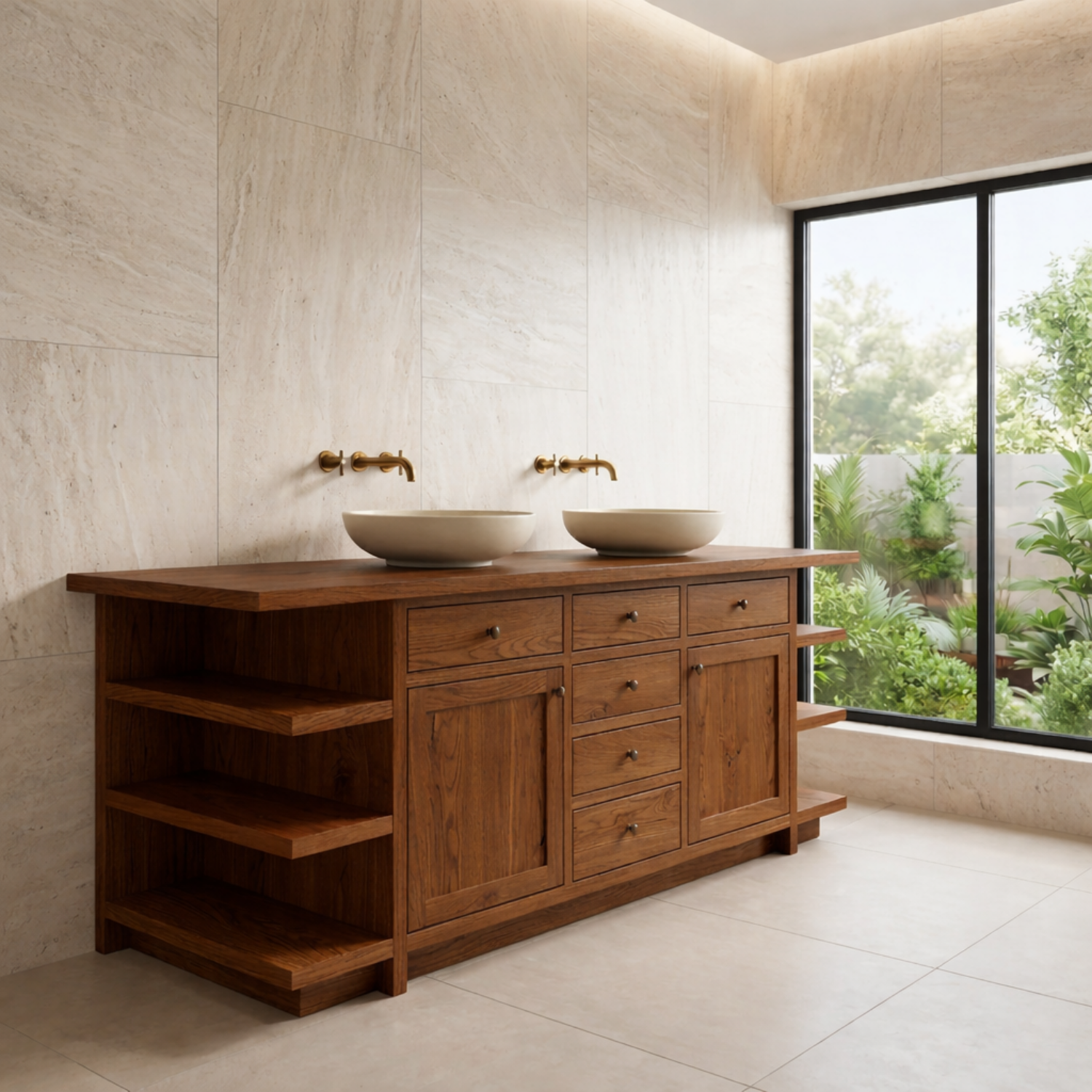 Double Solid Wood Bathroom Vanity - Handcrafted Farmhouse Cabinet with Side Shelves