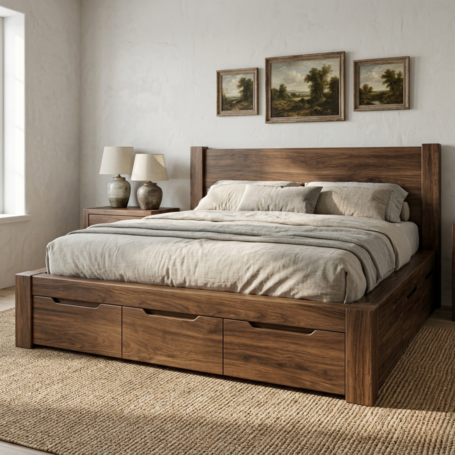 Solid Wood Platform Bed Frame with Underbed Storage Drawers and Panel Headboard