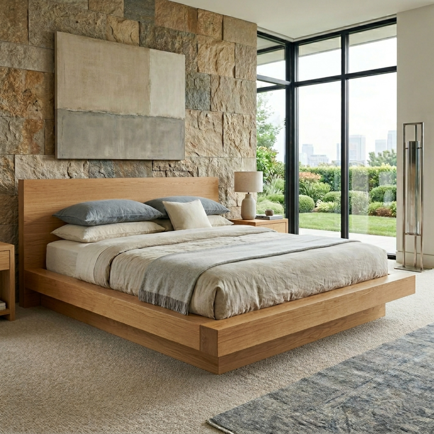 Solid Wood Platform Bed Frame with Thick Frame Base and Wide Panel Headboard
