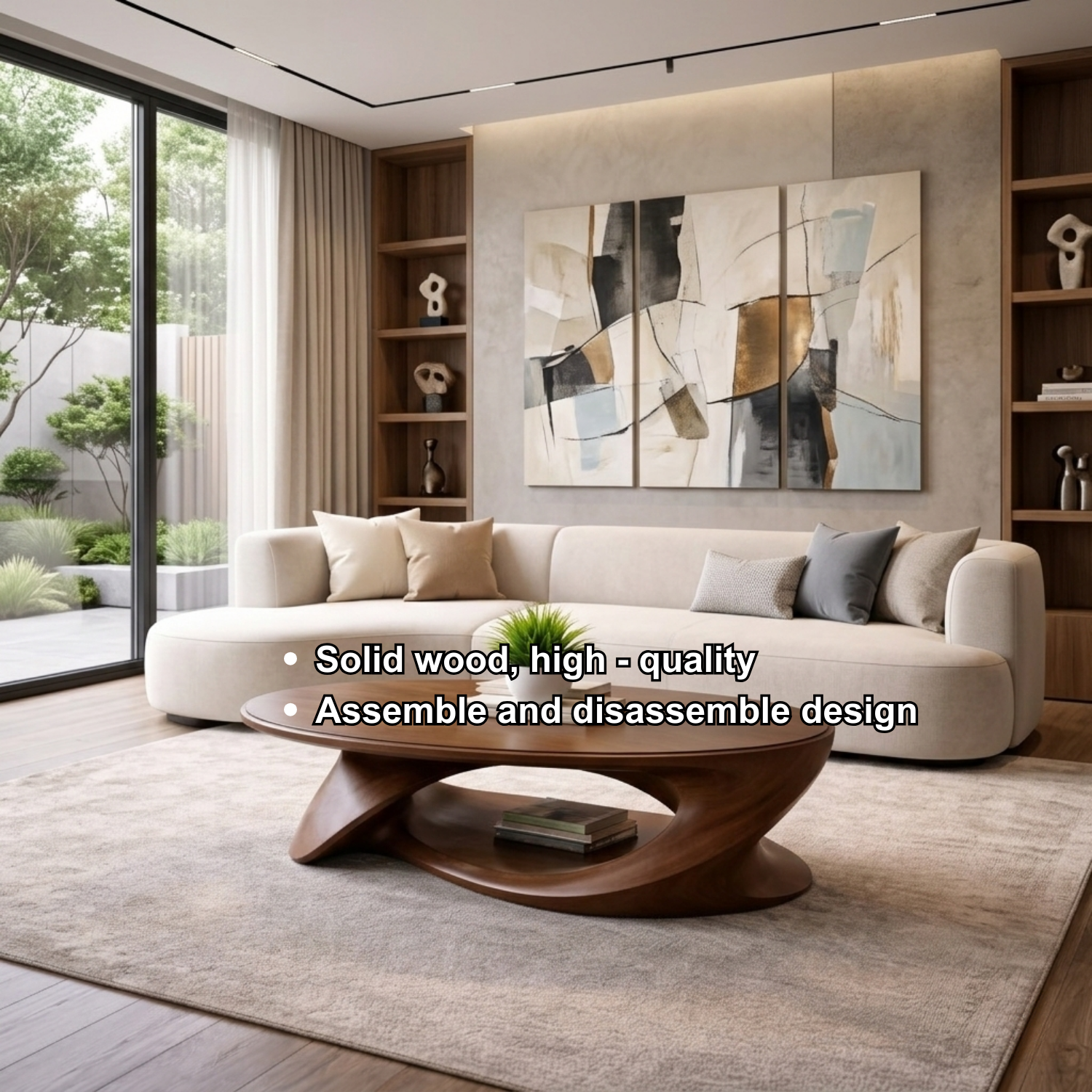 Solid Wood Oval Coffee Table with Sculptural Base – Modern Living Room Center Table