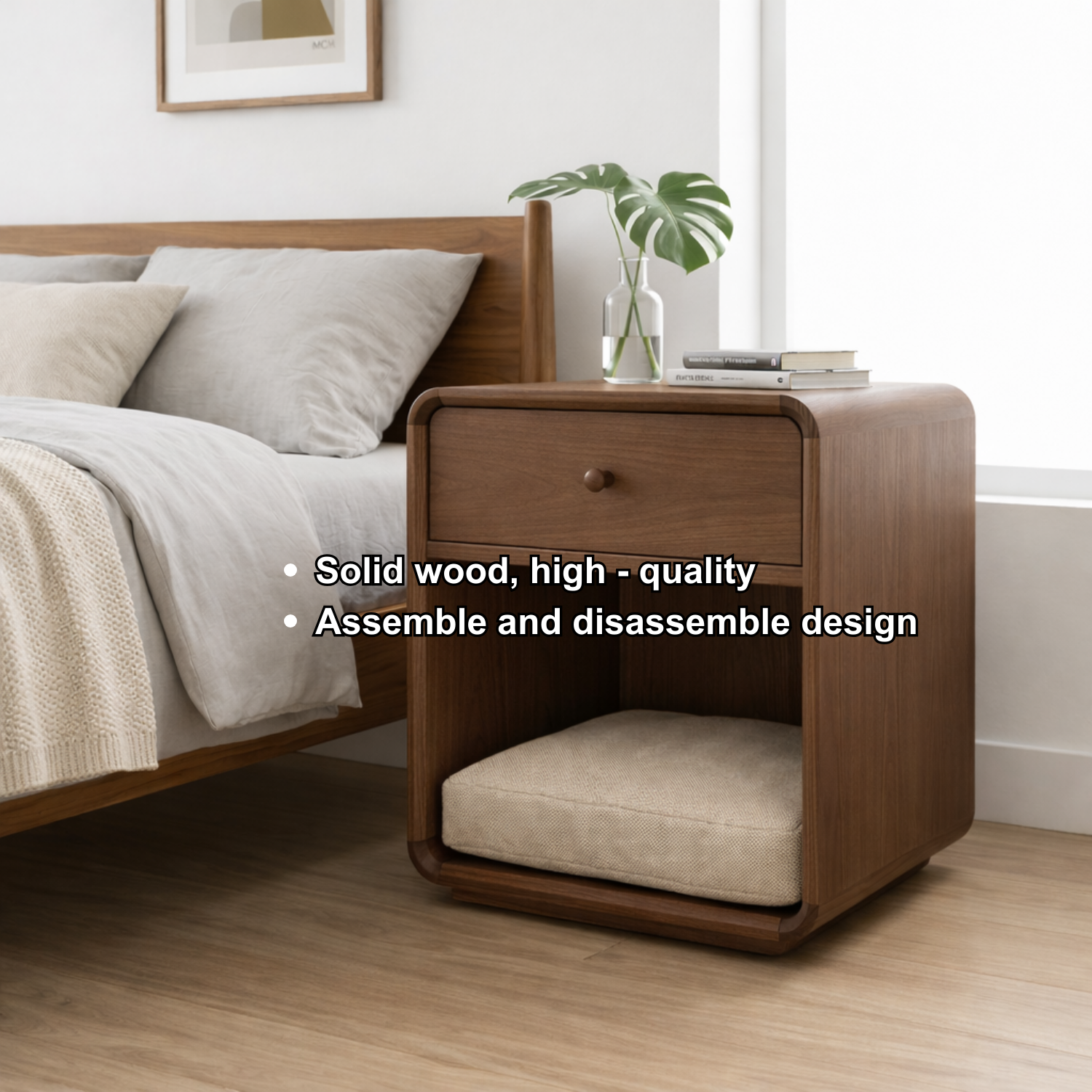 Solid Wood Nightstand with Pet Bed Space – Modern Bedside Table with Drawer