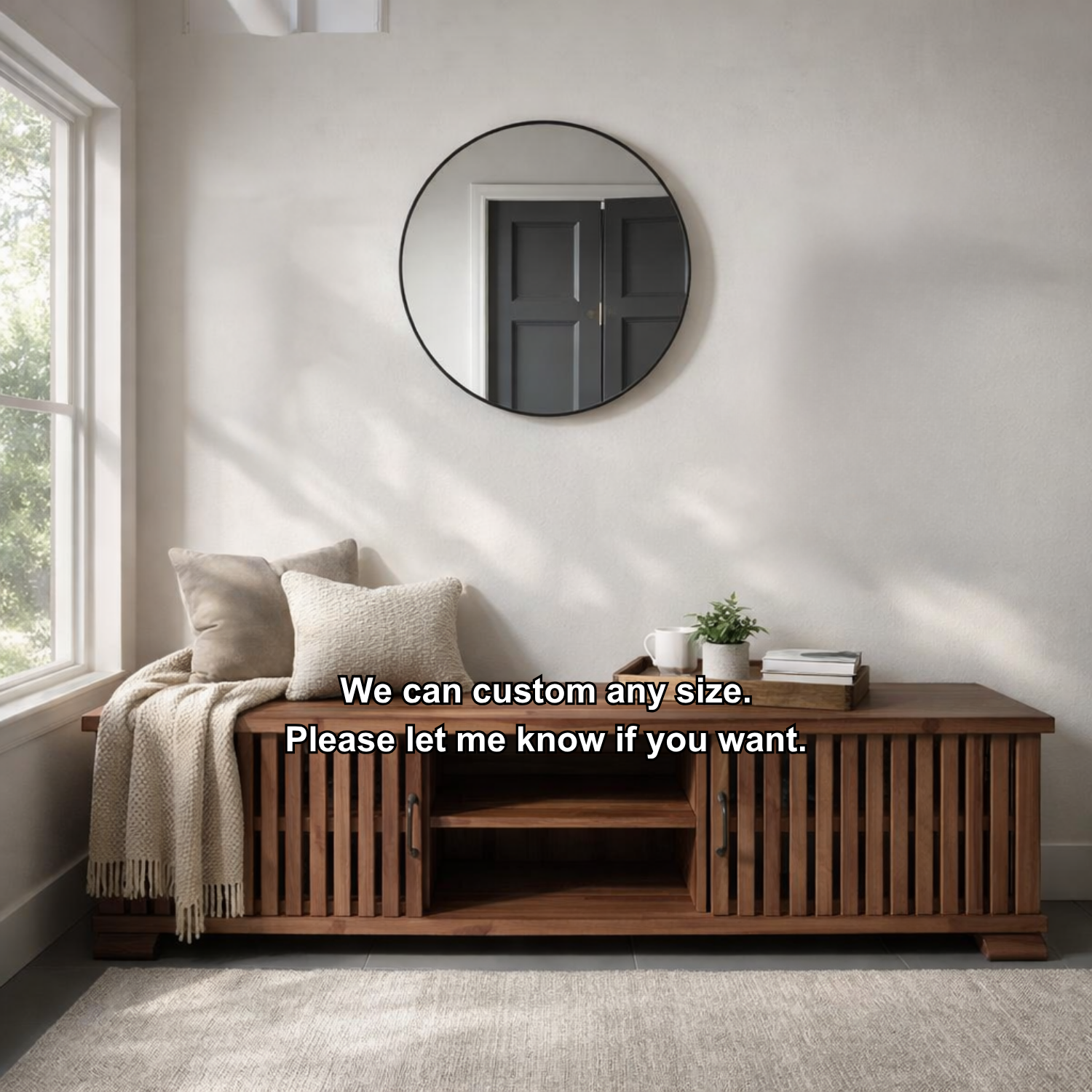 Solid Wood Storage Bench Slatted Doors Low Profile Entryway Bench with Shelf