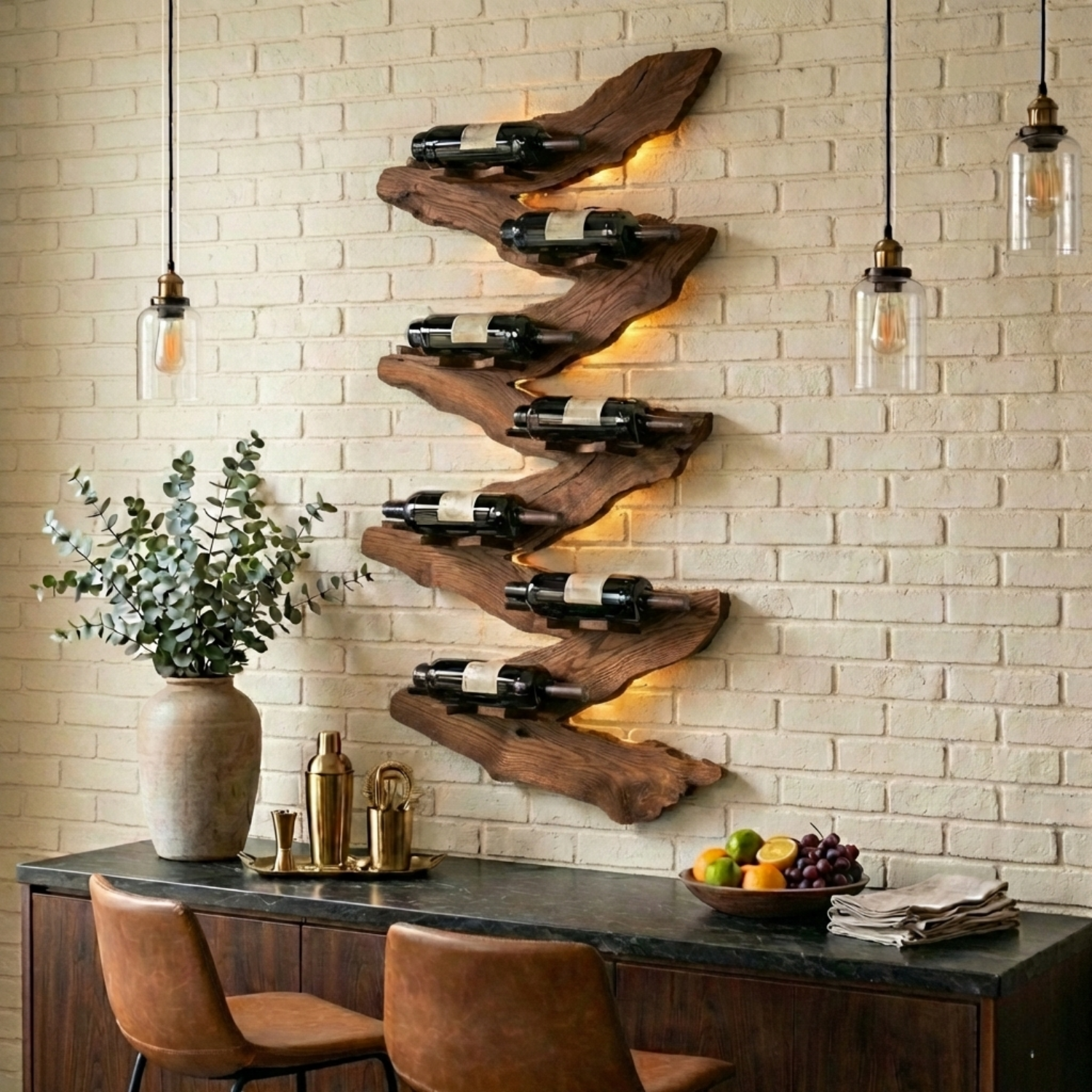 Live Edge Wooden Wine Holder – Sculptural Wall Mounted Wine Rack