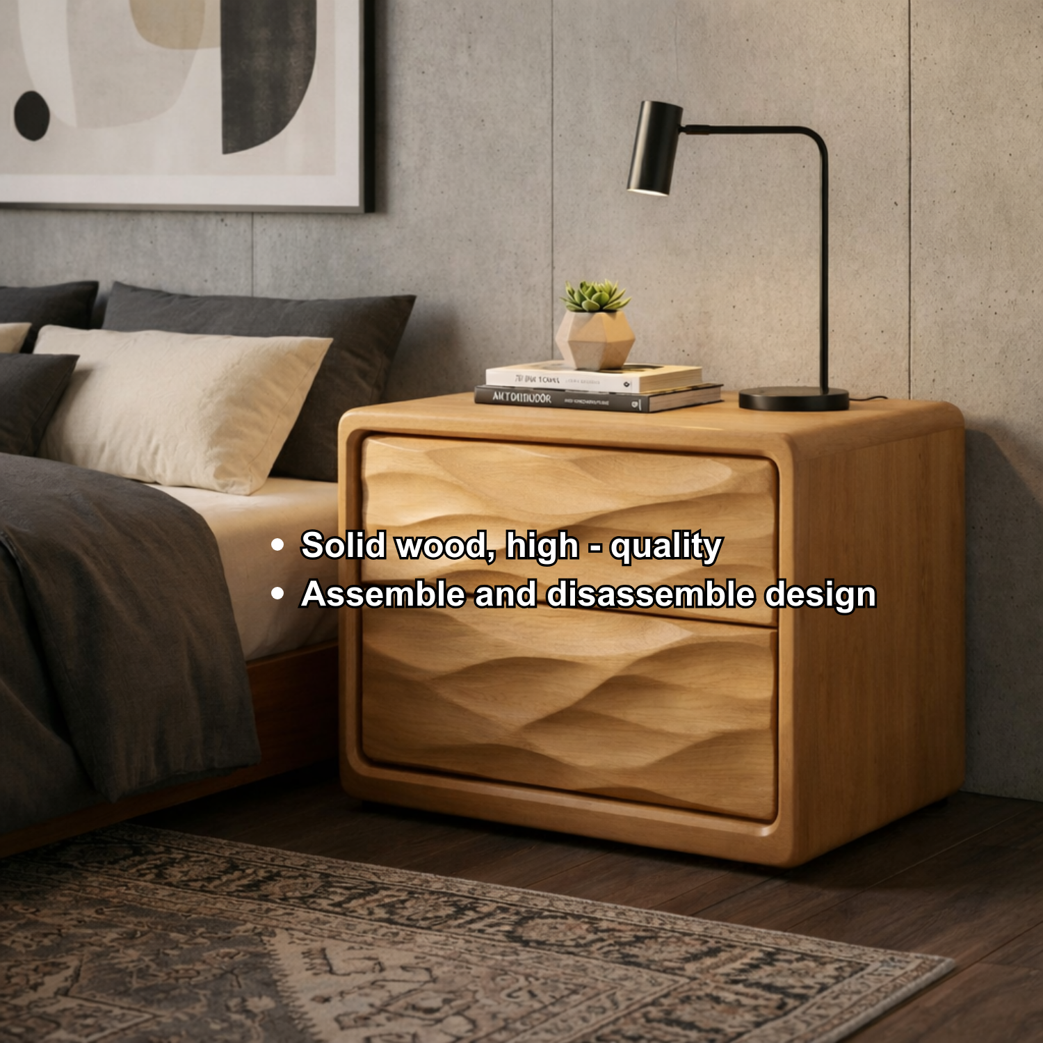 Solid Wood Nightstand with Wave Carved Drawers – Modern Walnut Bedside Table with Storage
