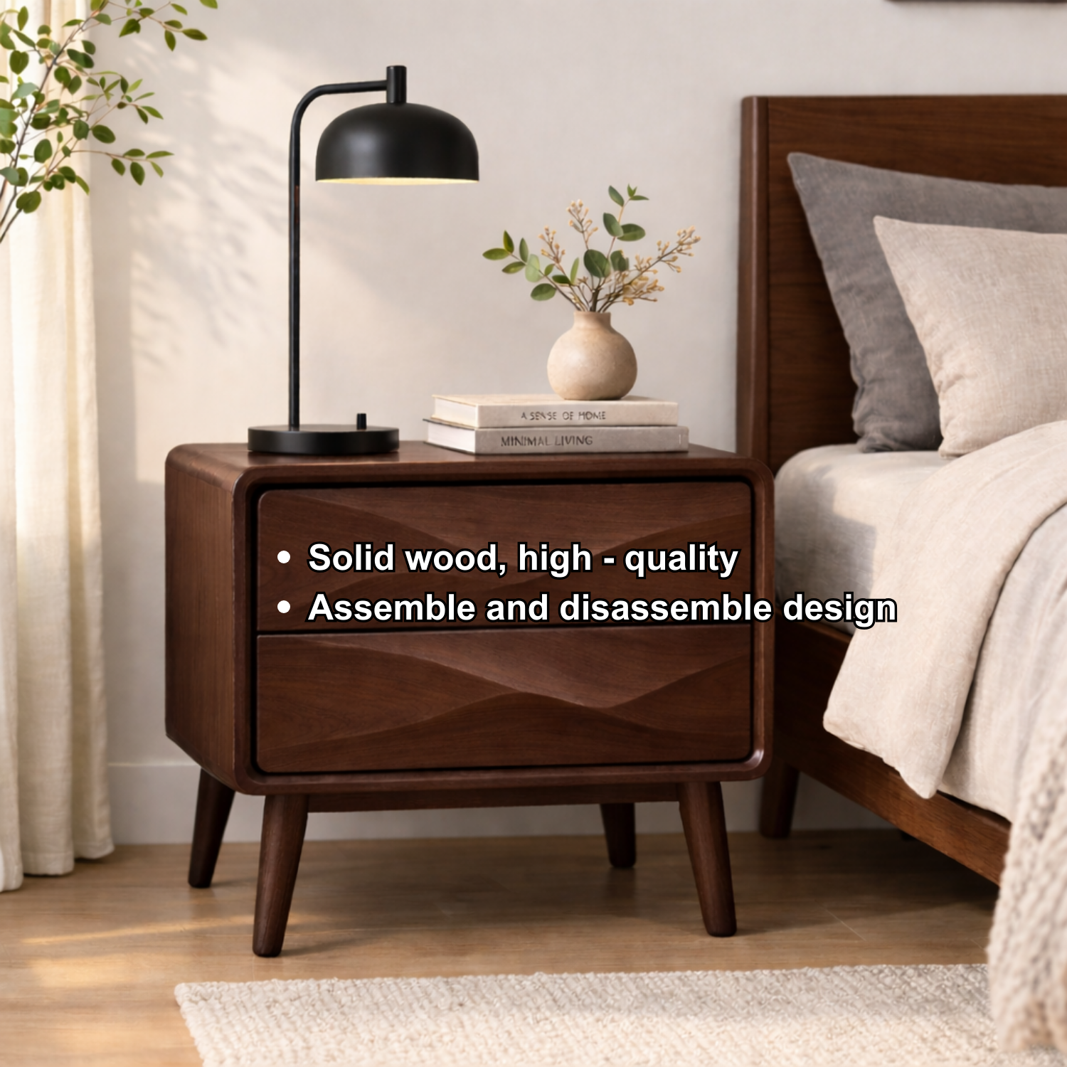 Mid-Century Solid Wood Nightstand with Wave Carved Drawers – Modern Bedside Table