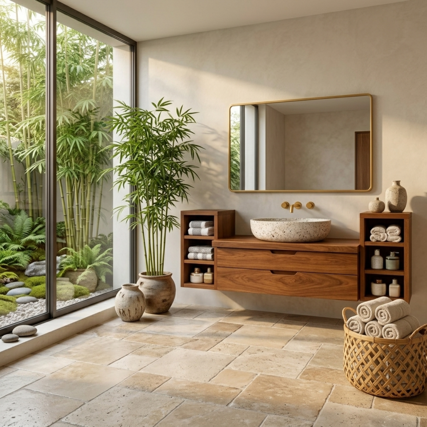Floating Solid Wood Bathroom Vanity with Double Drawers and Open Side Shelves on Both Sides