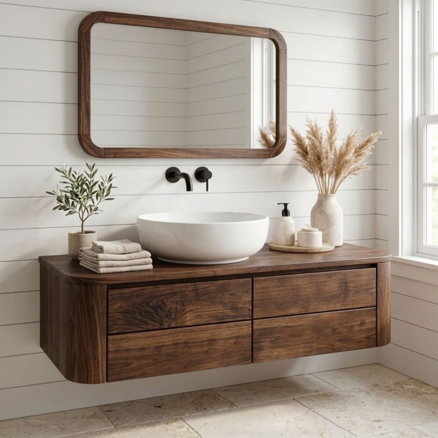 Floating Bathroom Vanity with Rounded Edges and Four Drawer Storage Cabinet