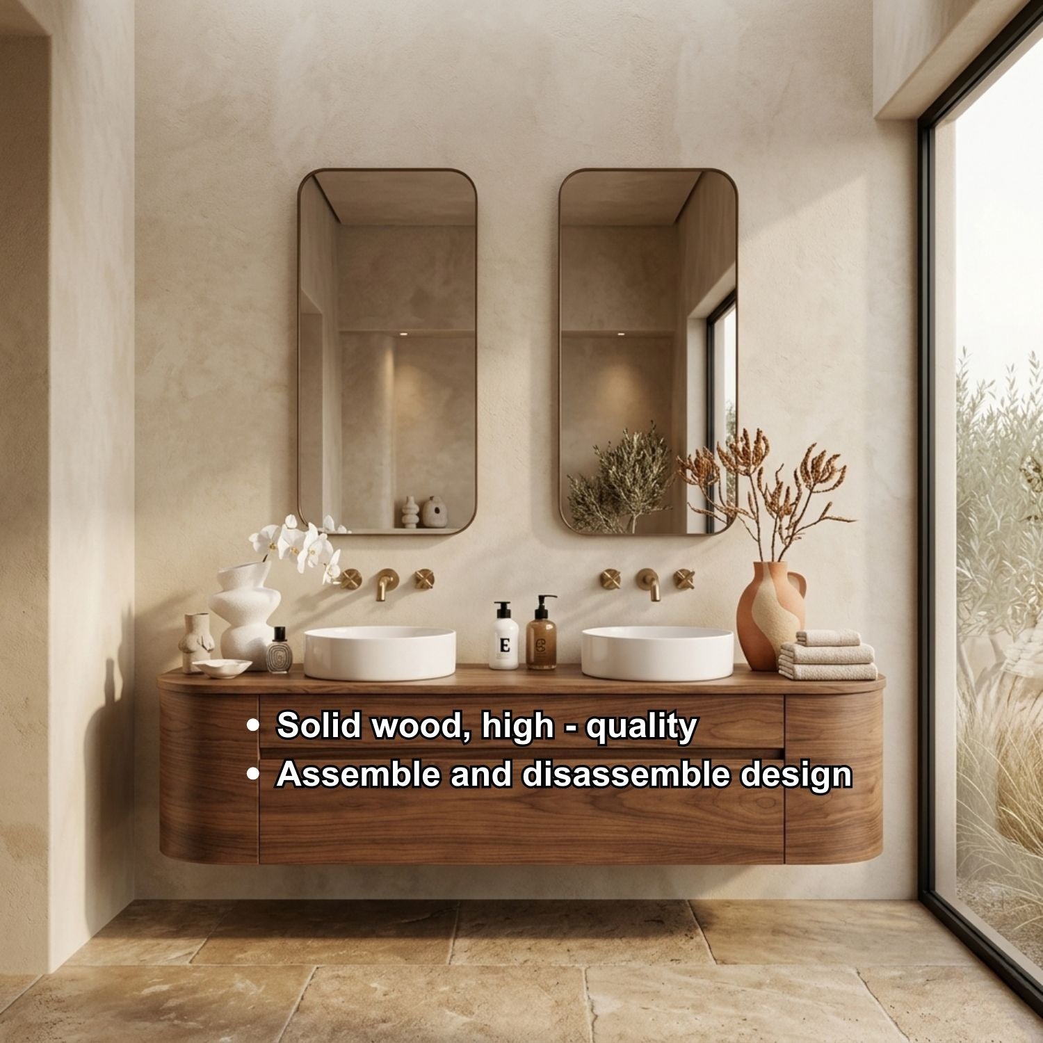 Handcrafted Wood Floating Double Vanity - Solid Wood Mid-Century Modern Bathroom Cabinet