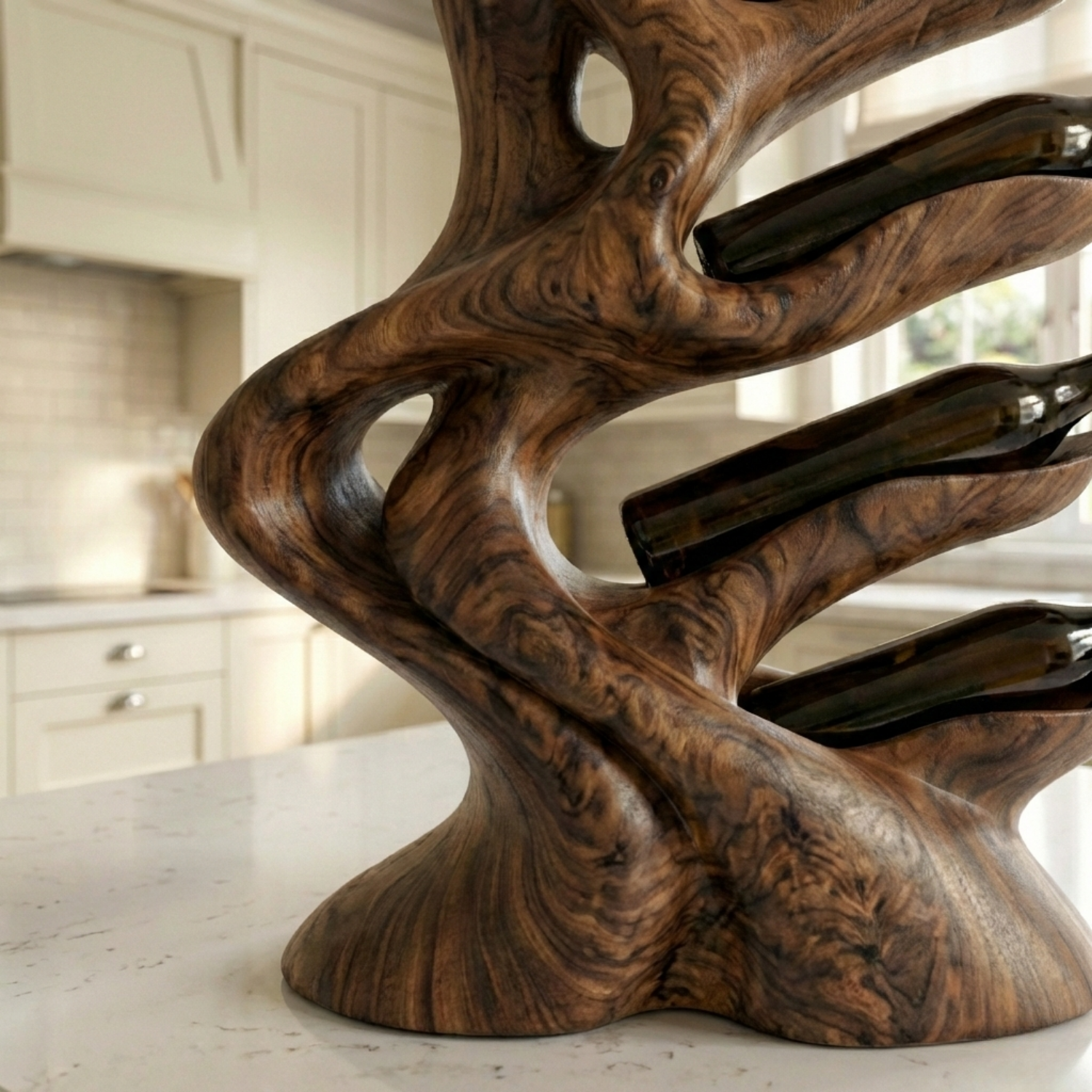 Handcrafted Solid Wood Wine Holder – Modern Sculptural Countertop Wine Rack