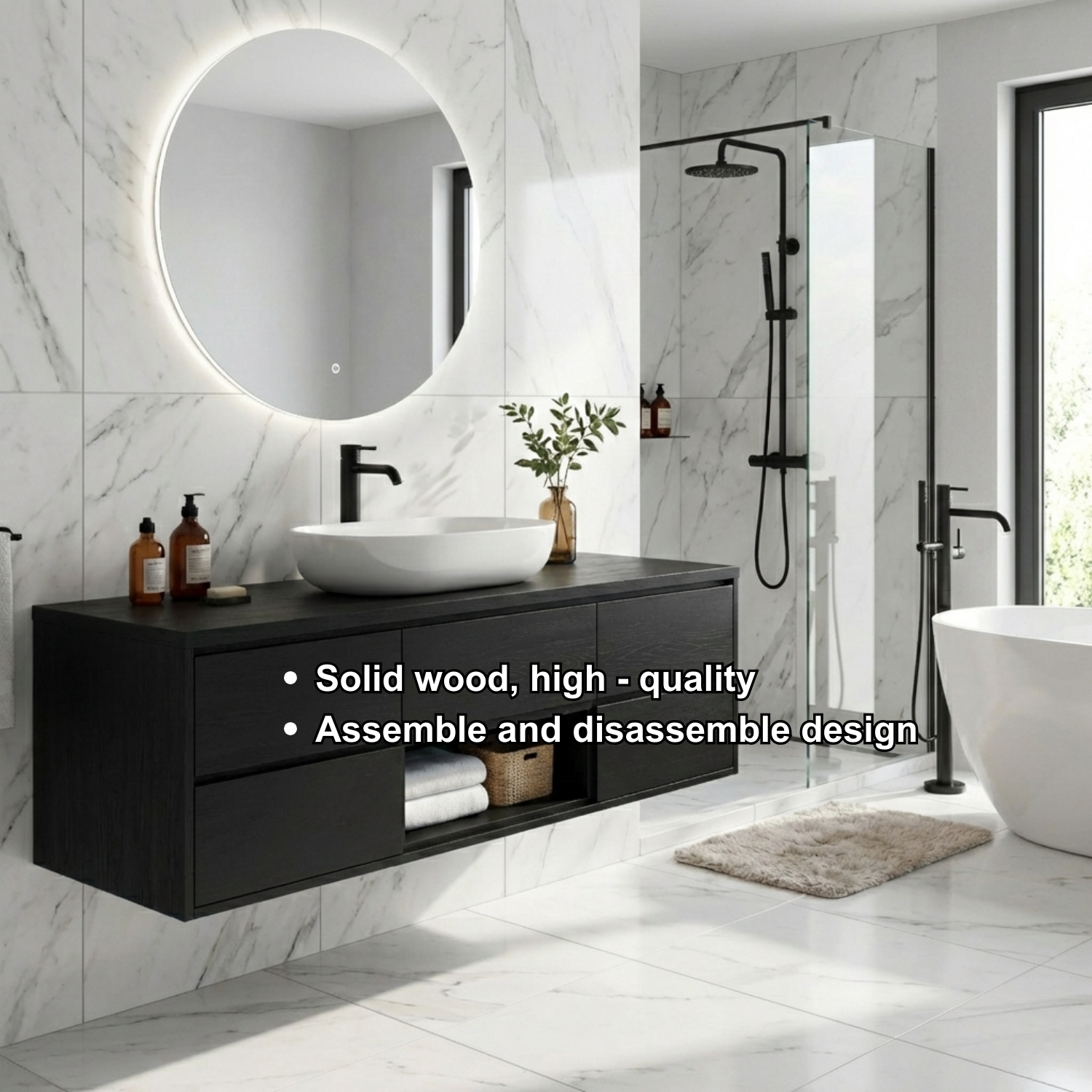 Modern Floating Solid Wood Bathroom Vanity with Drawers and Open Shelf