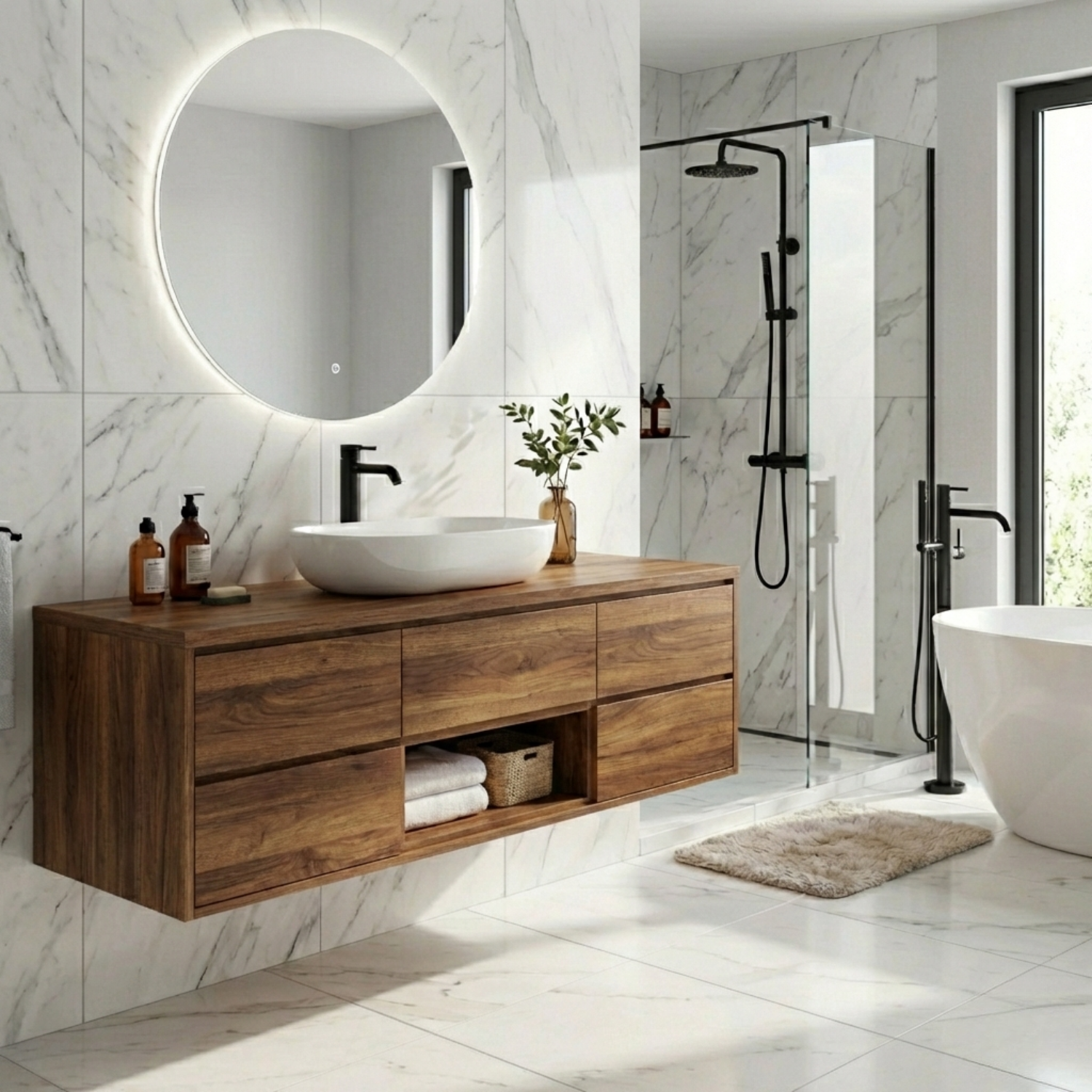 Modern Floating Solid Wood Bathroom Vanity with Drawers and Open Shelf