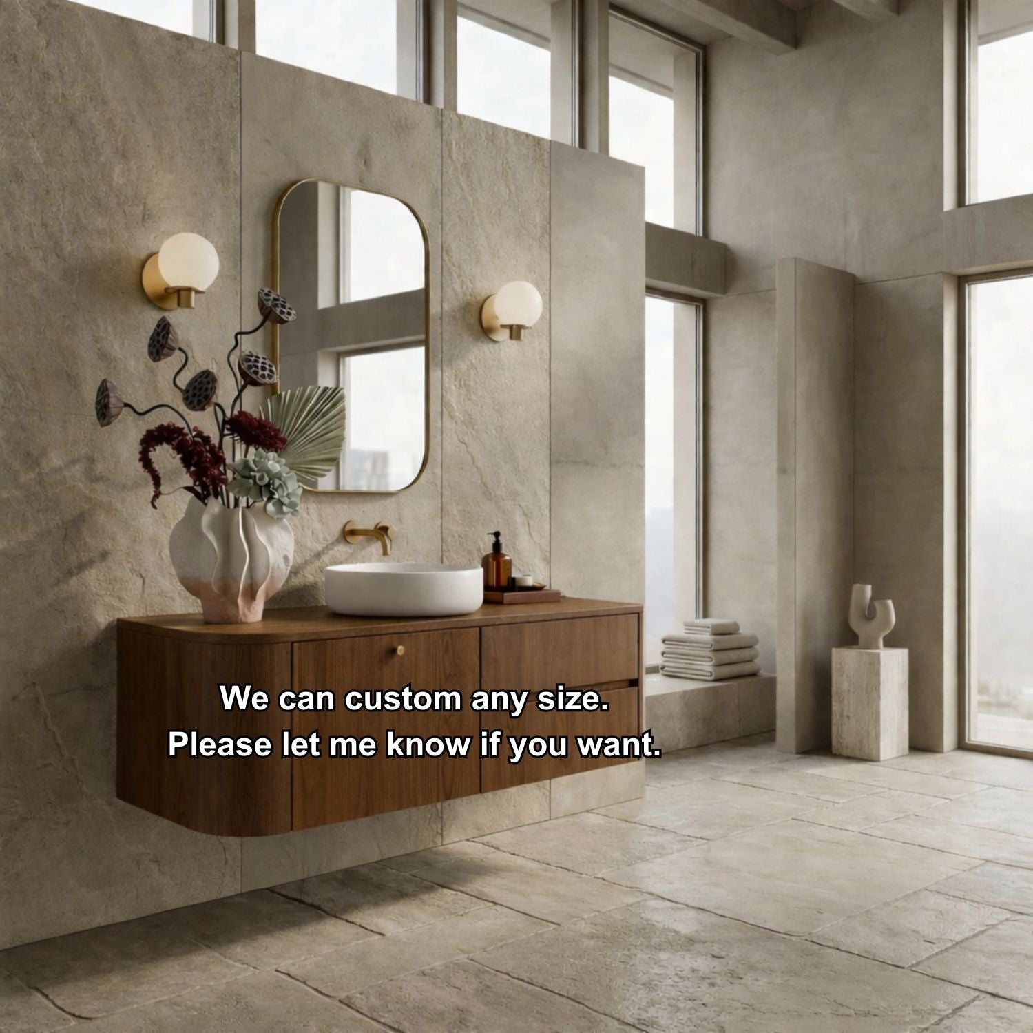 Floating Bathroom Vanity with Curved Edges and Spacious Drawers – Handcrafted Solid Wood Design