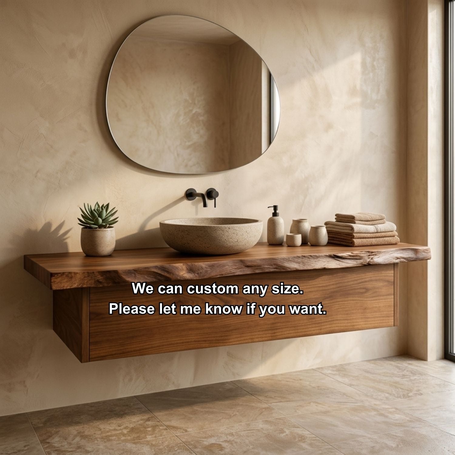 Floating Bathroom Vanity with Live Edge Wood Countertop and Minimalist Cabinet