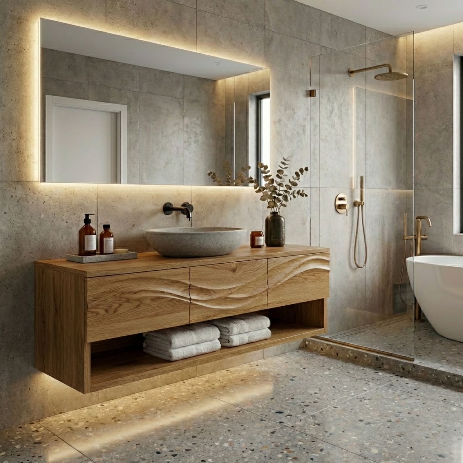 Floating Solid Wood Bathroom Vanity with Wave Design and Open Shelf Storage