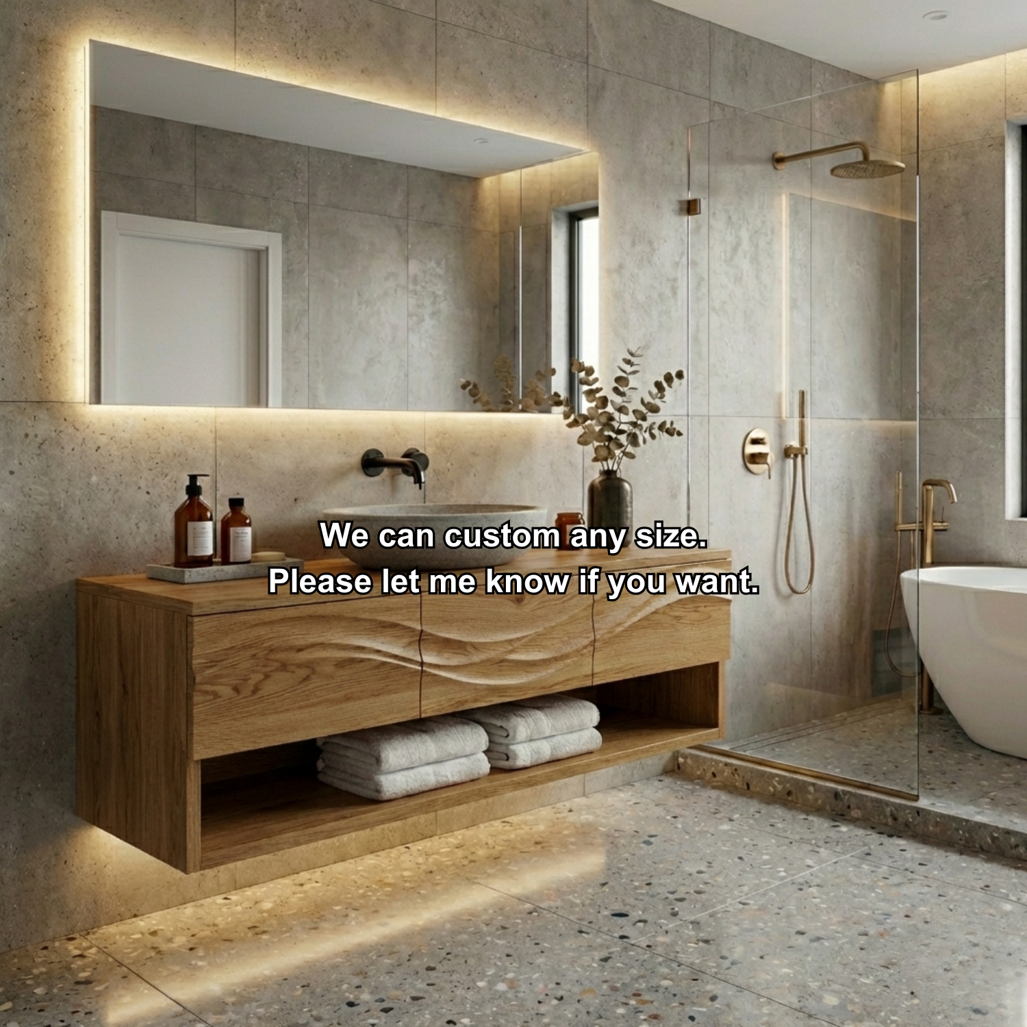 Floating Solid Wood Bathroom Vanity with Wave Design and Open Shelf Storage