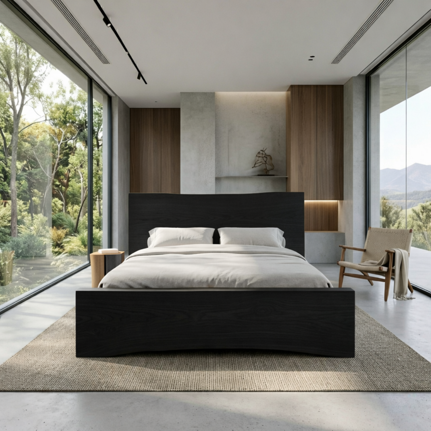 Curved Solid Wood Platform Bed Frame with Sculpted Footboard Design