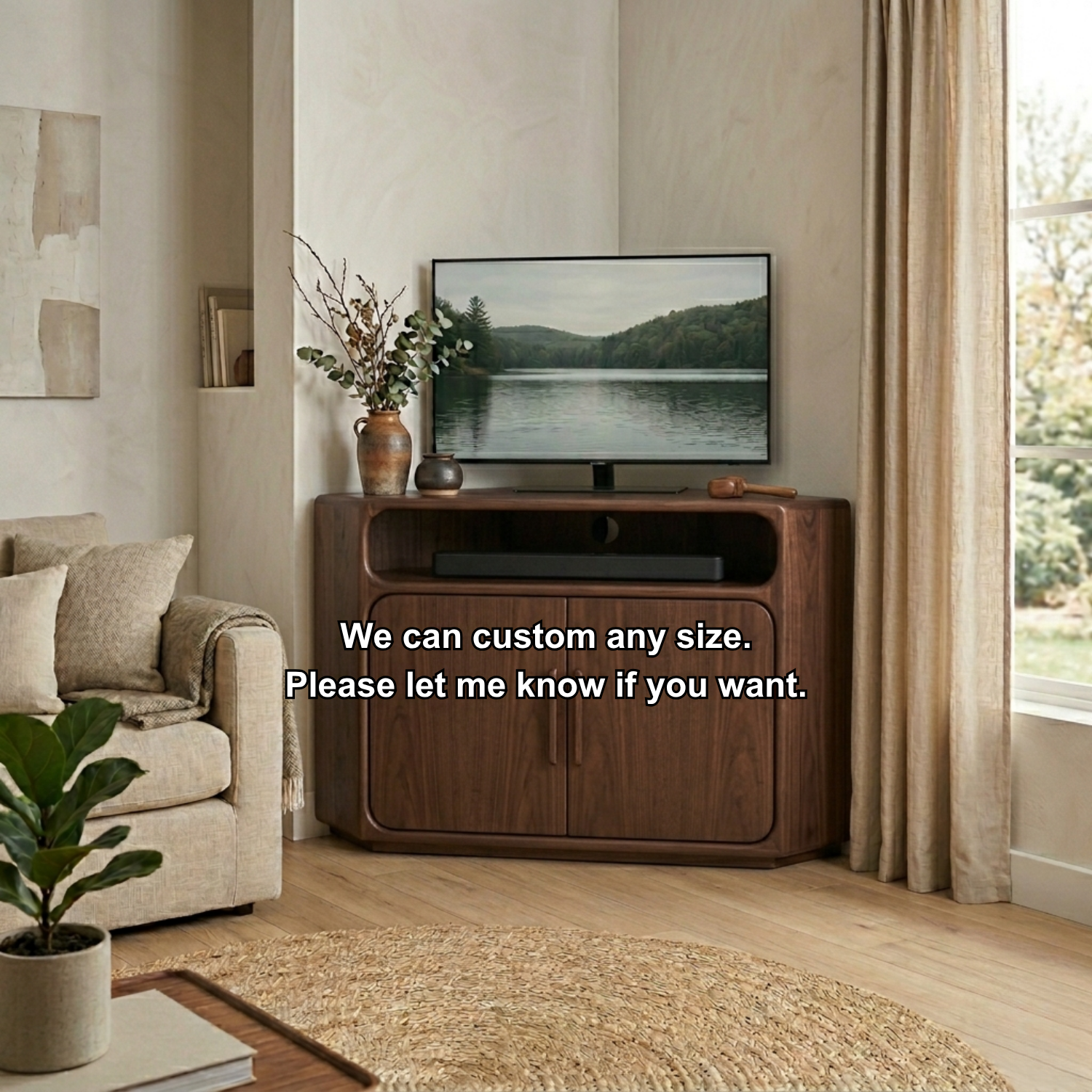 Solid Wood Corner TV Stand with Rounded Edges and Cabinet Storage – Corner Media Console