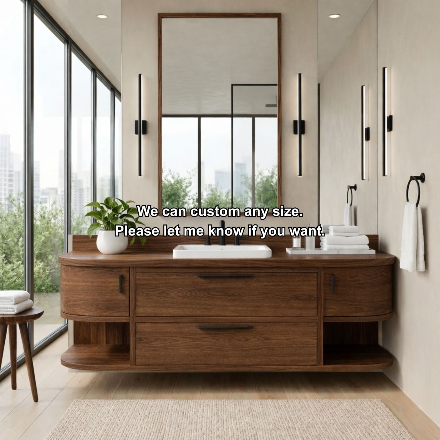Handcrafted Floating Vanity with Open Shelving - Solid Wood Curved Bathroom Cabinet