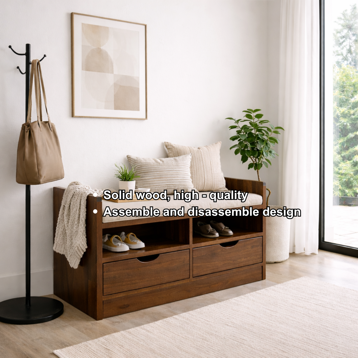 Solid Wood Storage Bench with Drawers & Open Shelf Entryway Shoe Organizer