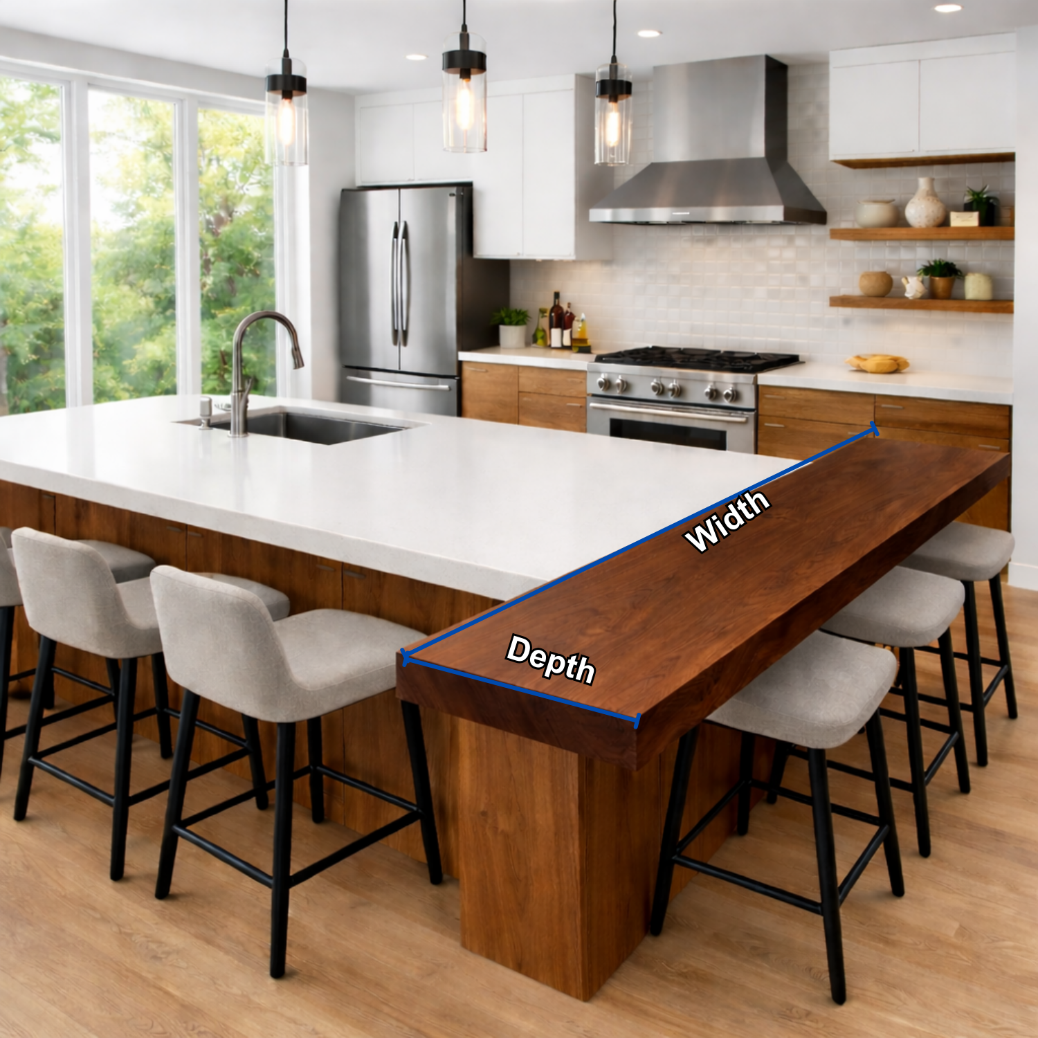 Solid Wood Kitchen Countertop with Overhang – Island Bar Top for Modern Kitchen Seating