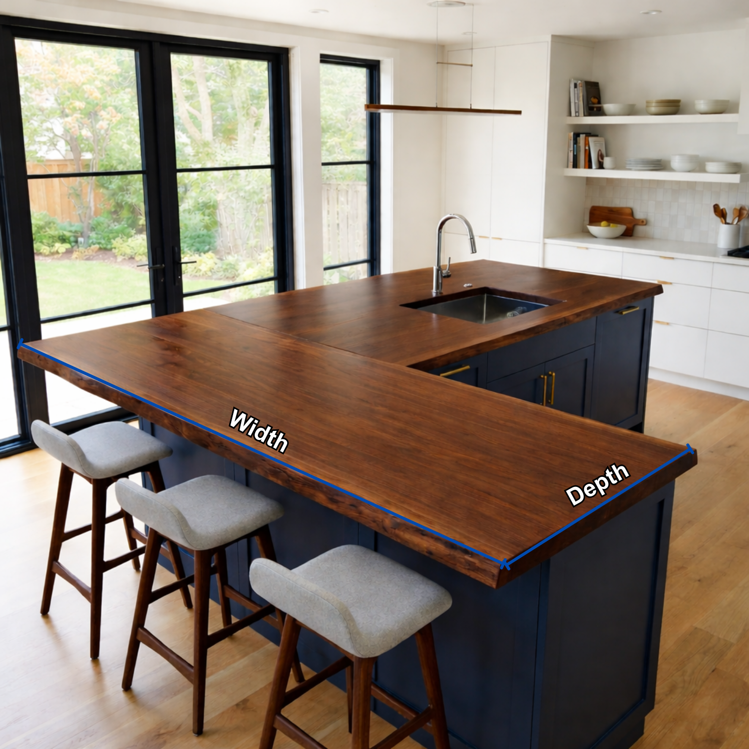 Solid Wood L-Shape Kitchen Countertop – Live Edge Island Bar Top with Seating Overhang