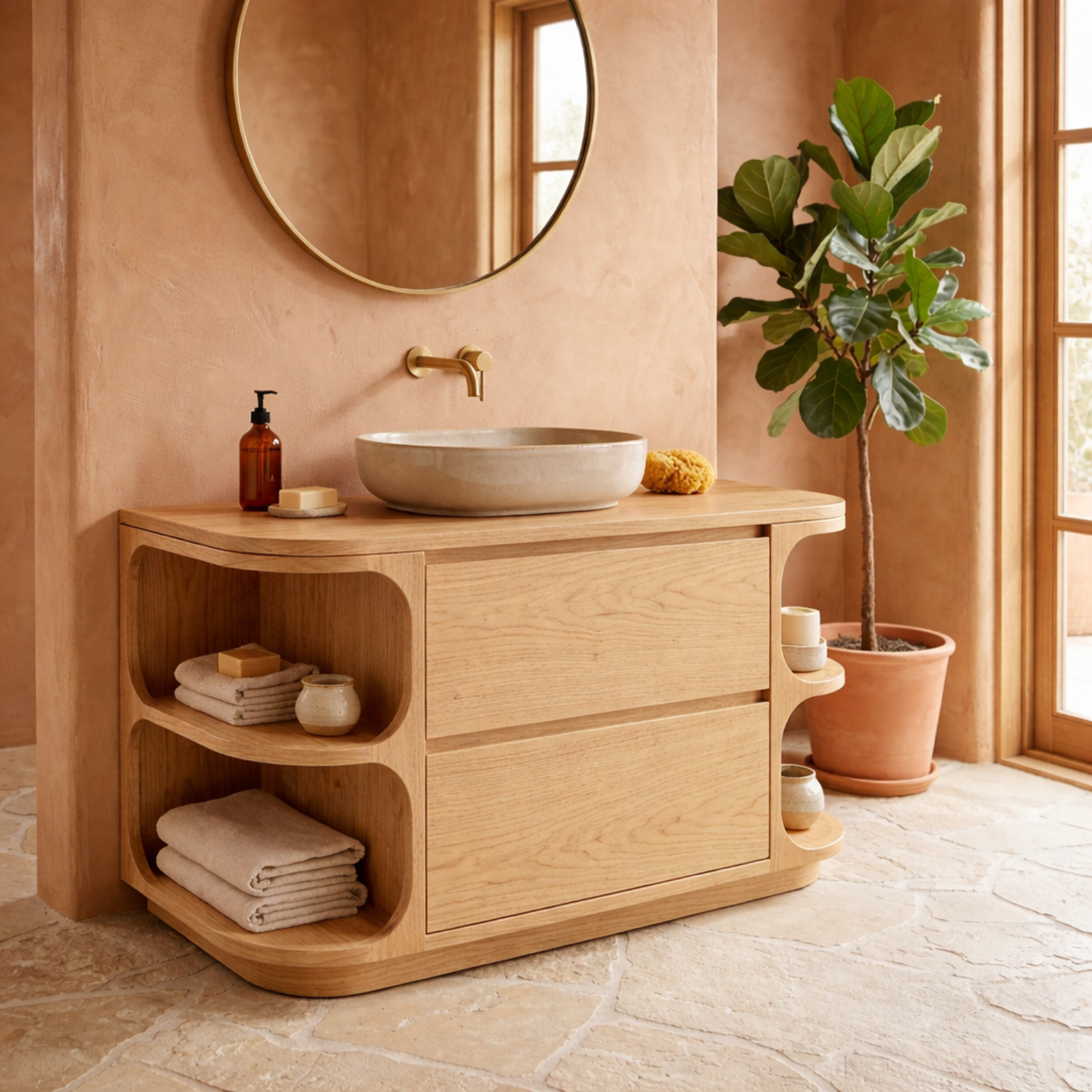 Solid Wood Bathroom Vanity with Curved Side Shelves and Two Drawers