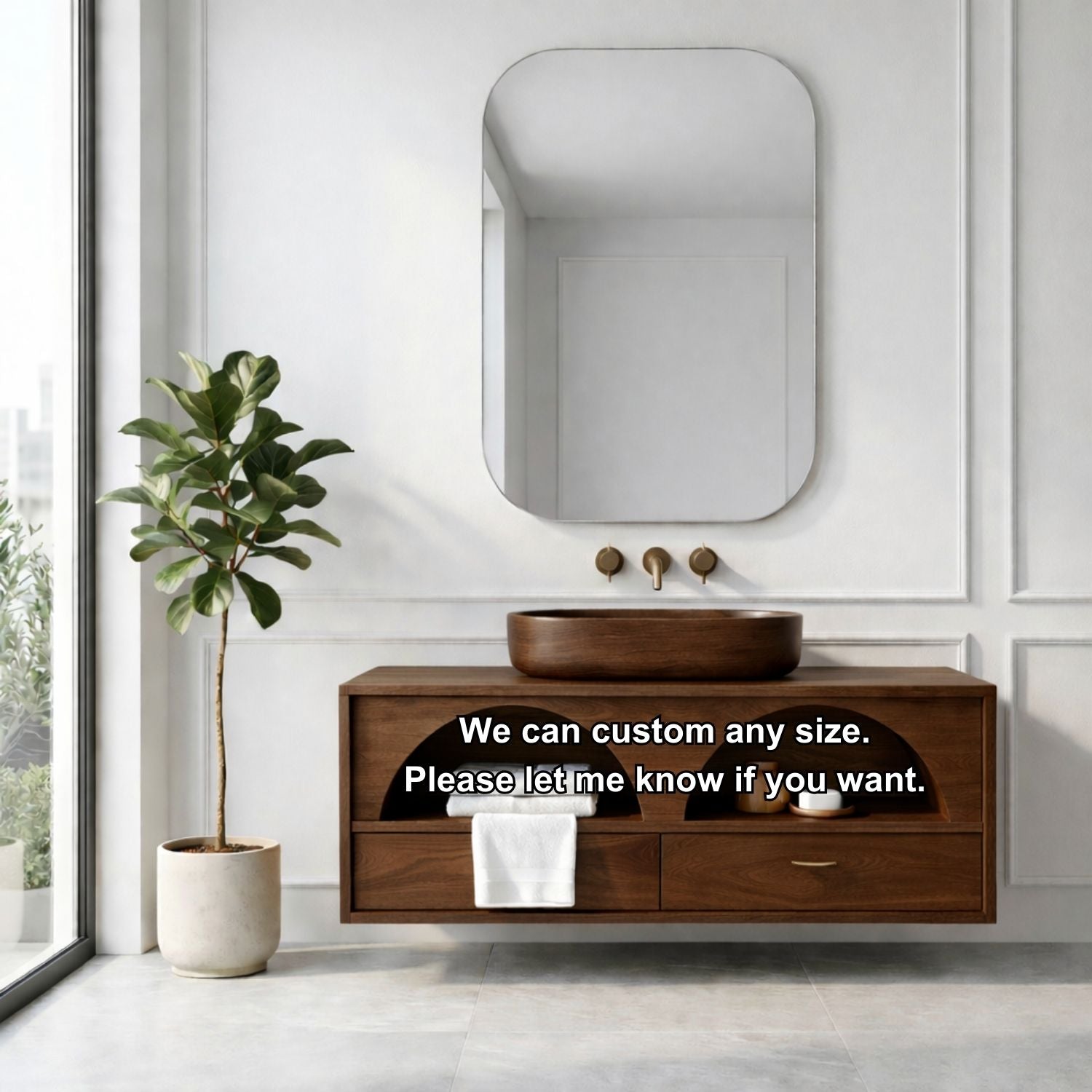 Handcrafted Arch Design Floating Vanity - Solid Wood Mid-Century Modern Bathroom Cabinet