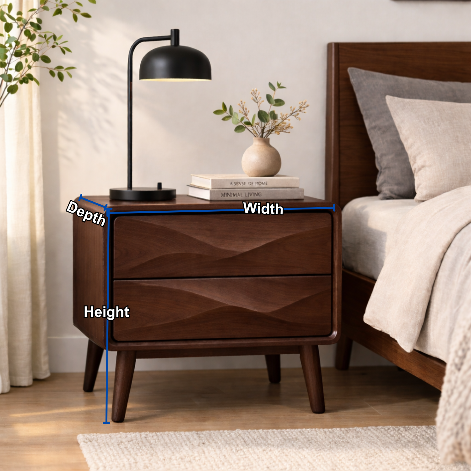 Mid-Century Solid Wood Nightstand with Wave Carved Drawers – Modern Bedside Table