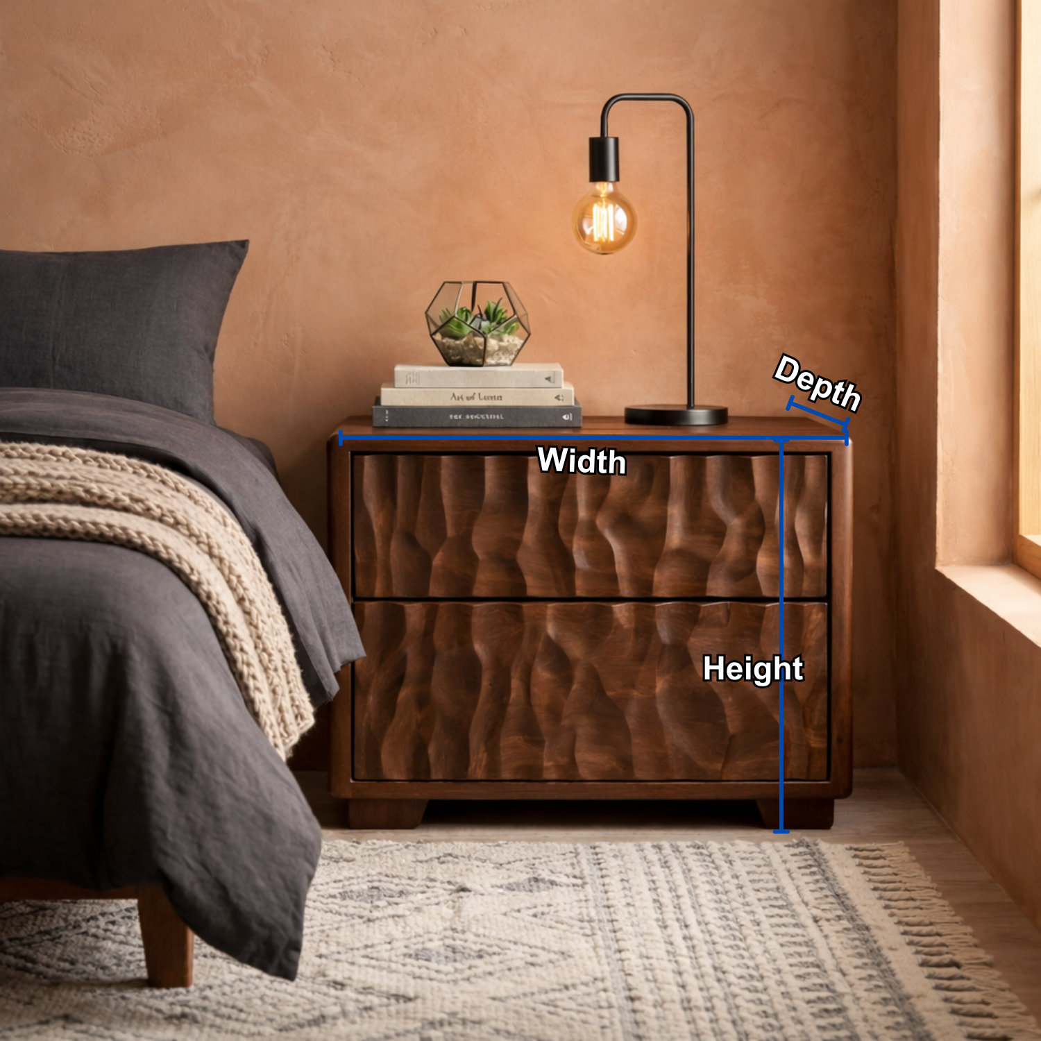 Solid Wood Nightstand with Textured Carved Drawers – Modern Rustic Bedside Table