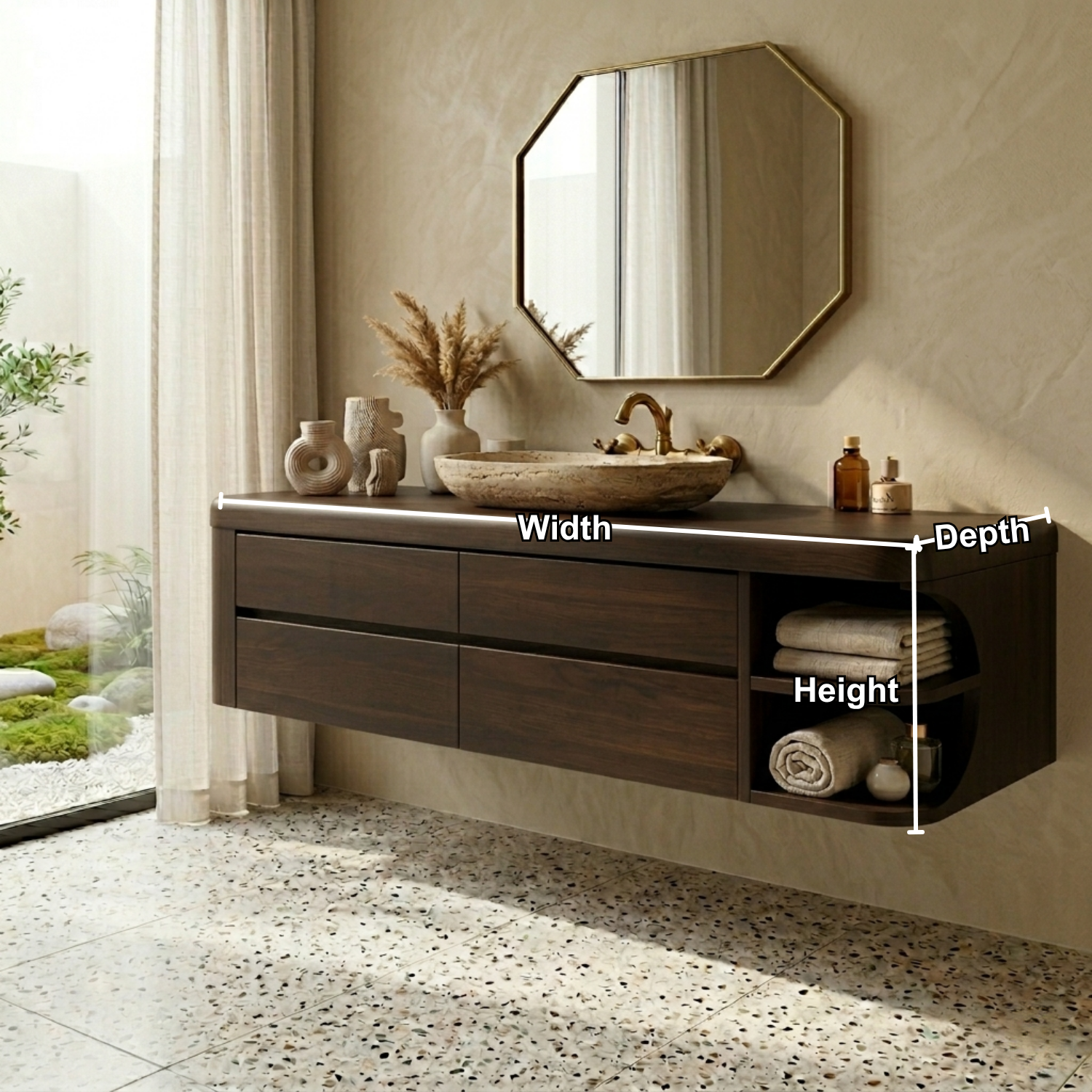 Floating Solid Wood Bathroom Vanity with Four Drawers and Rounded Side Open Shelf