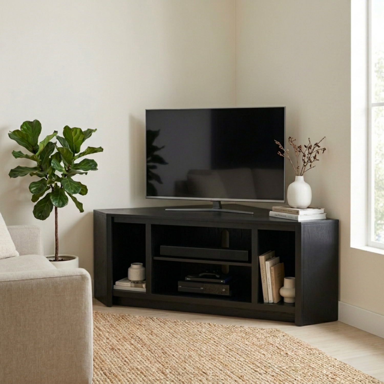 Solid Wood Corner TV Stand with Open Compartments – Modern Corner Media Console