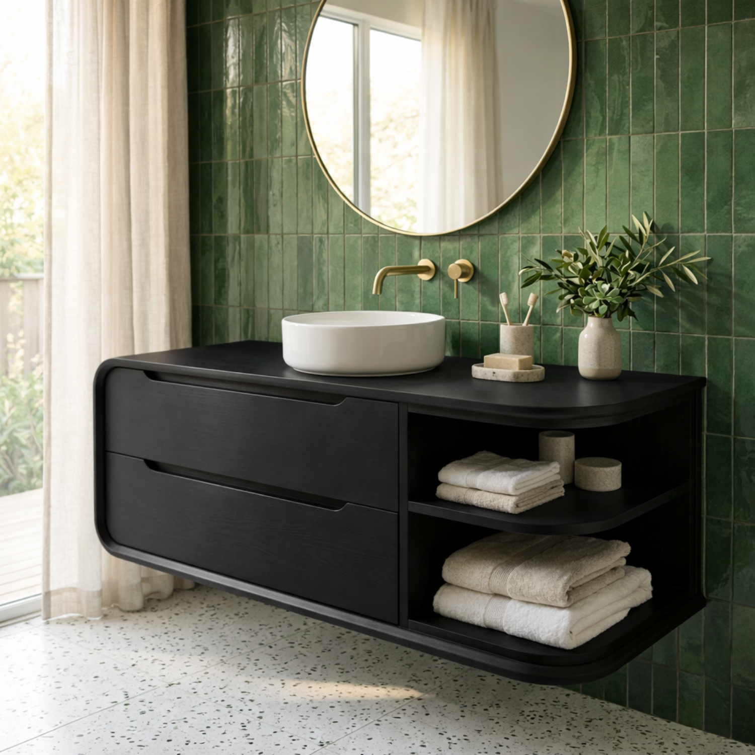Floating Solid Wood Bathroom Vanity with Rounded Corners, Two Drawers and Open Shelf