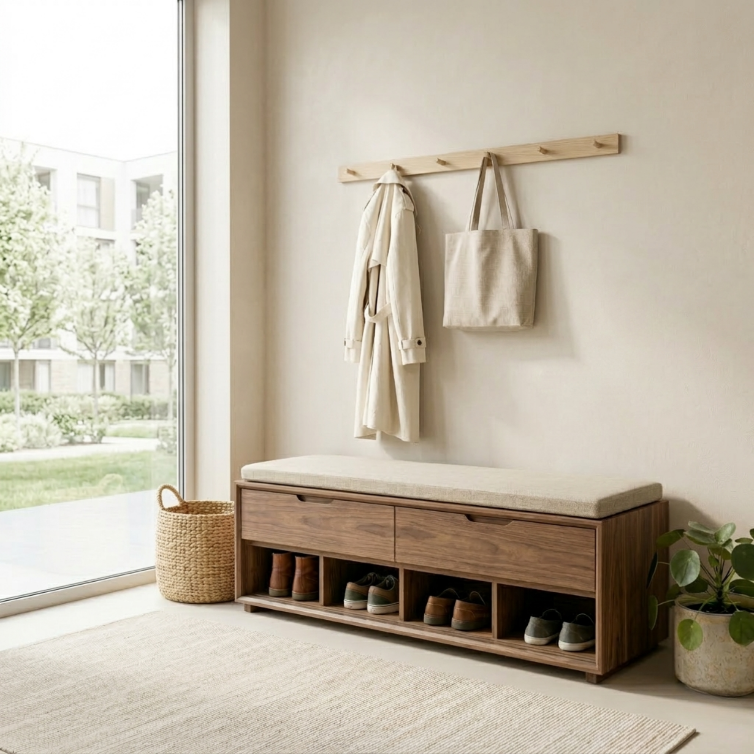 Solid Wood Shoe Storage Bench with Drawers & Open Shelves – Entryway Shoe Bench