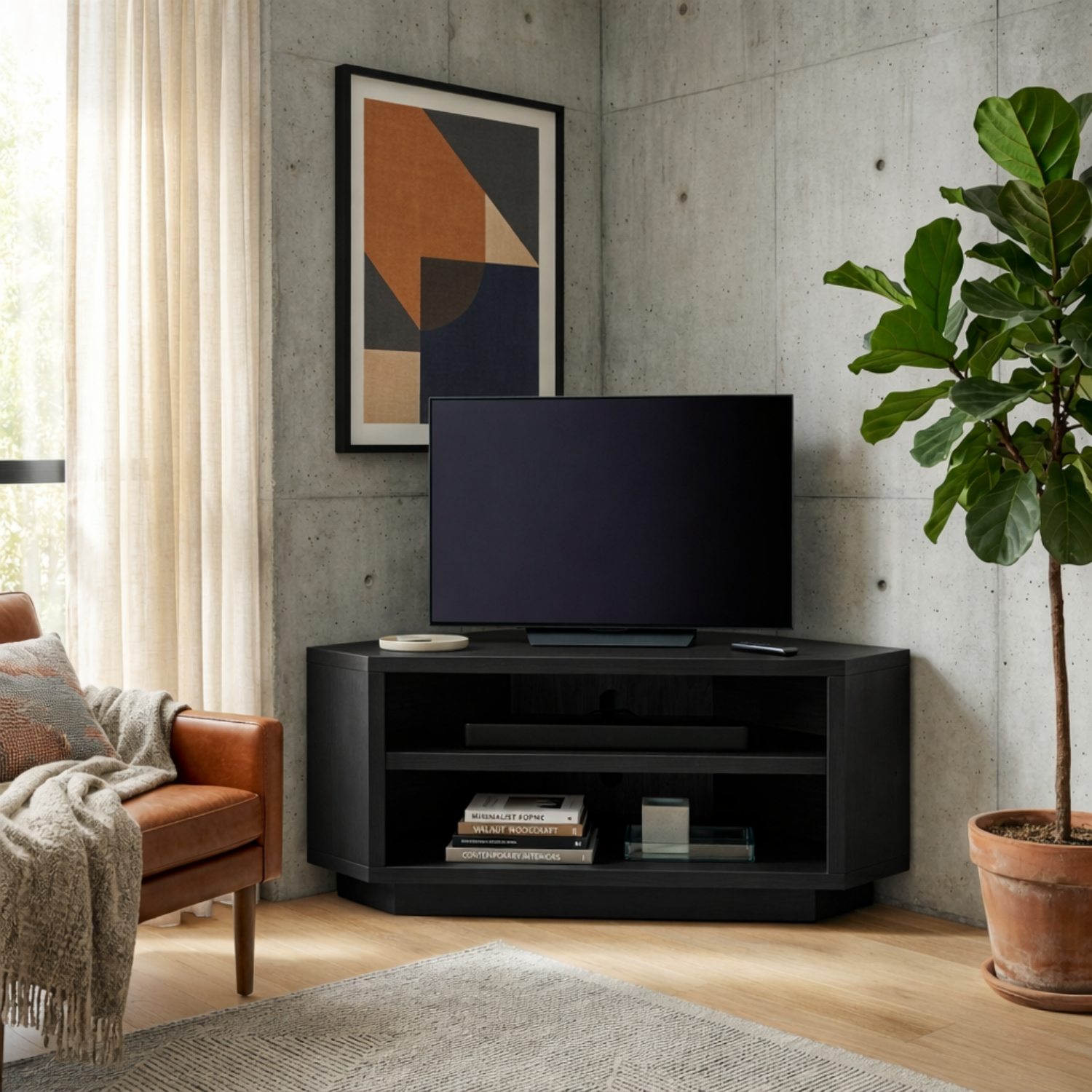 Solid Wood Corner TV Stand with Open Shelving – Space Saving Media Console