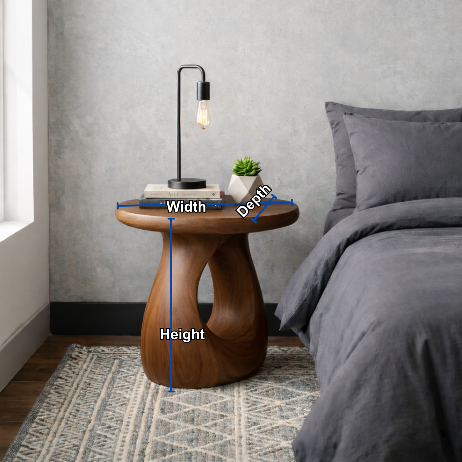 Solid Wood Round Nightstand – Sculptural Modern Bedside Table with Natural Wood Grain